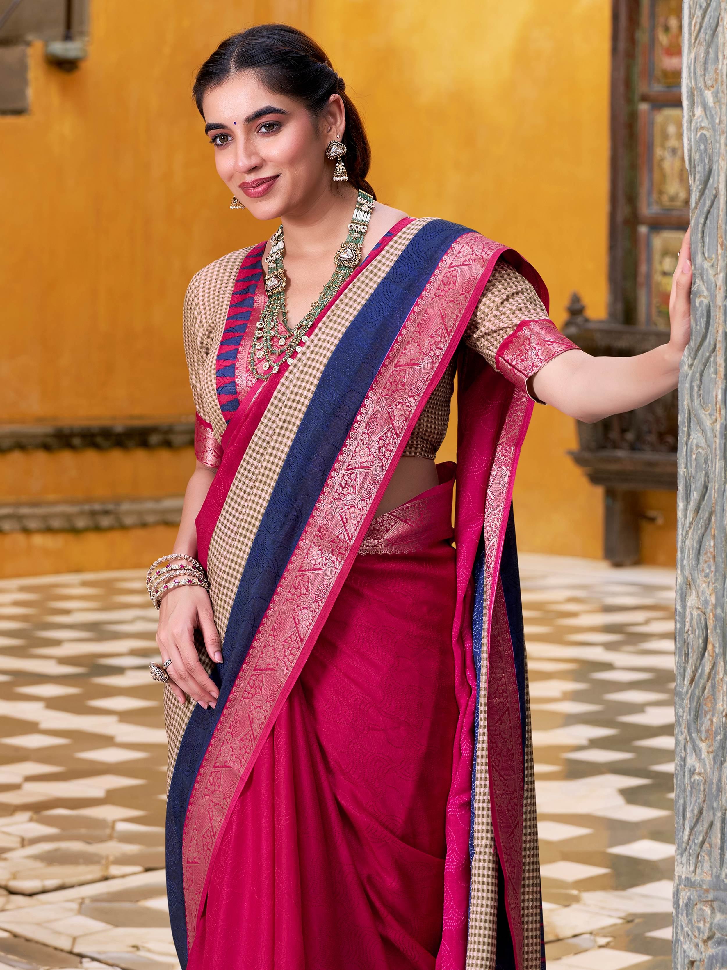 Pink Cotton Printed Traditional Saree With Blouse
