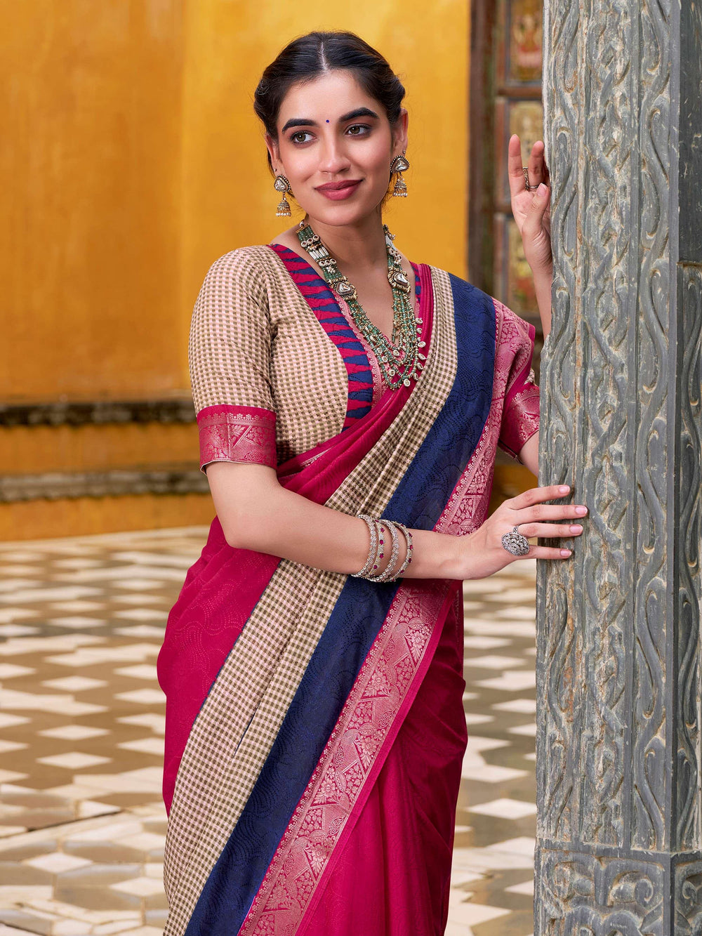 Pink Cotton Printed Traditional Saree With Blouse