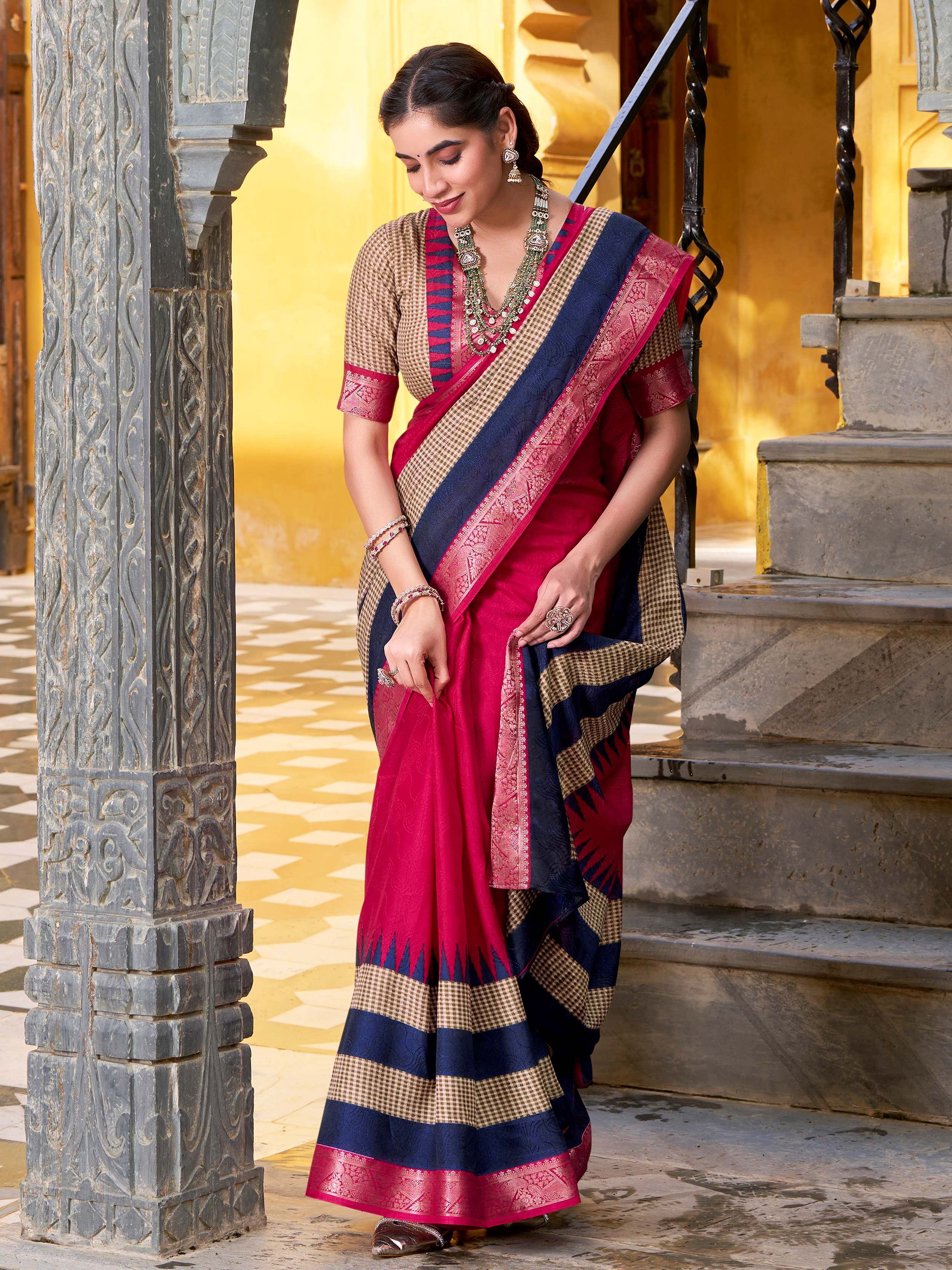 Pink Cotton Printed Traditional Saree With Blouse