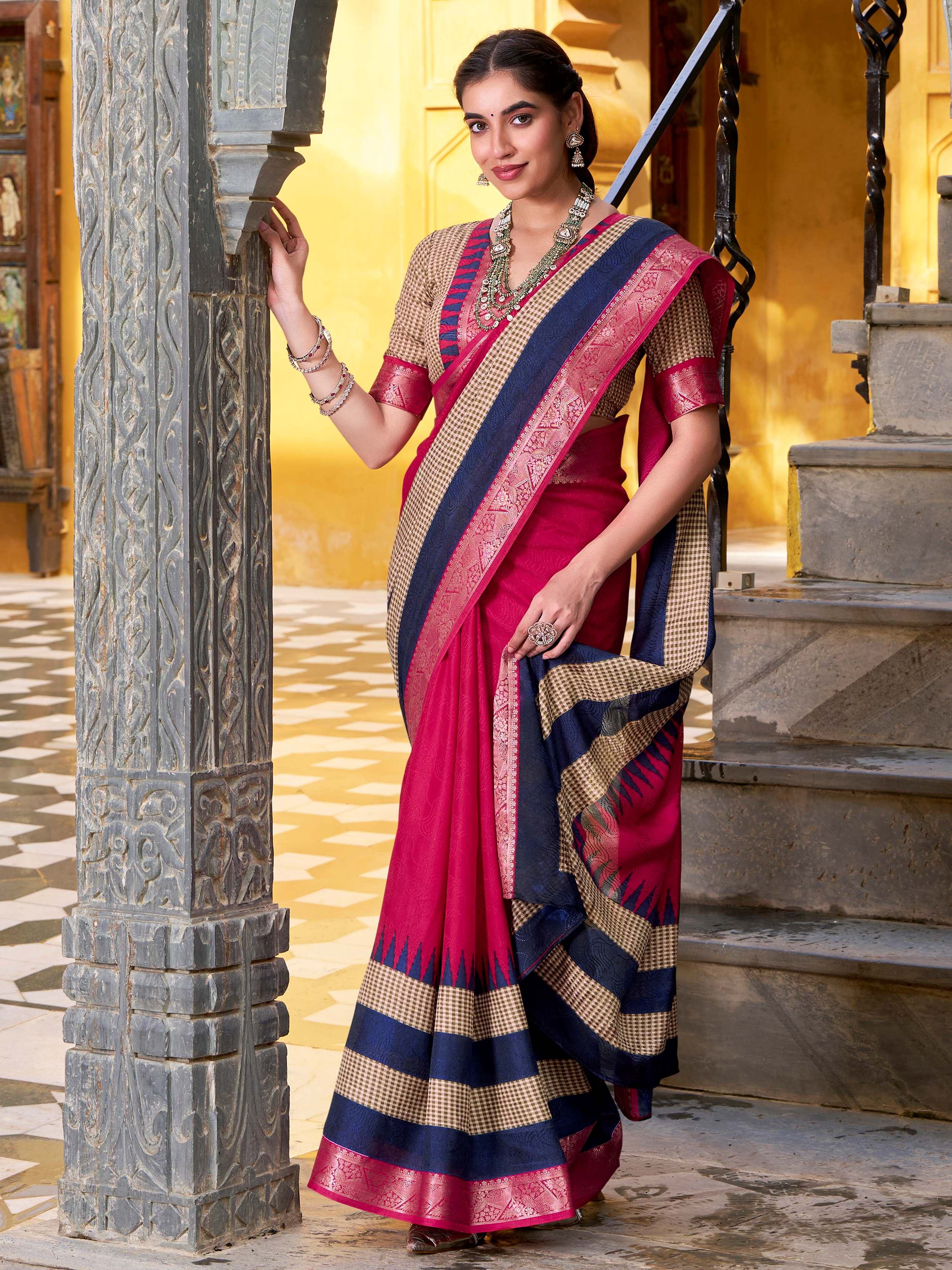 Pink Cotton Printed Traditional Saree With Blouse