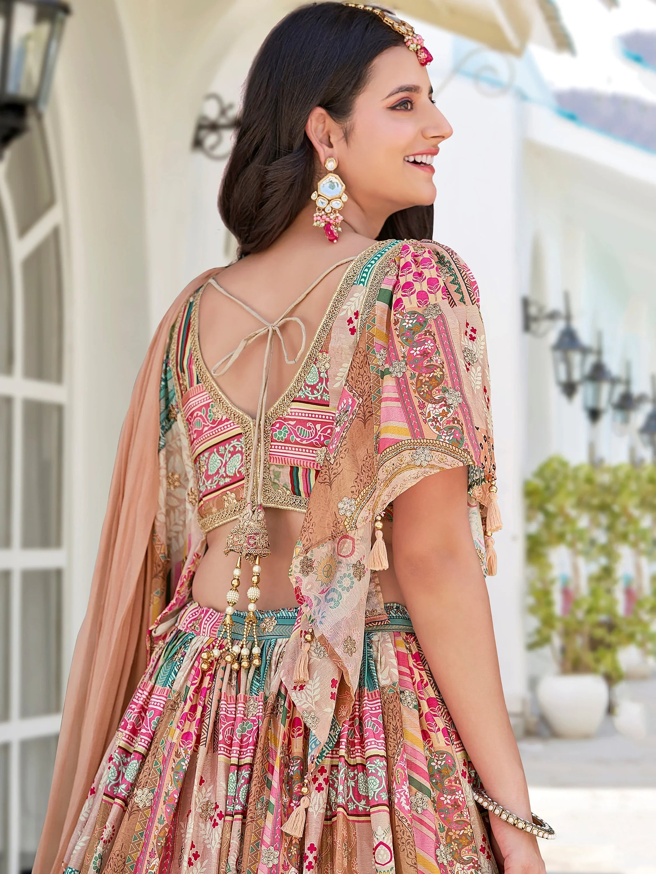 Beige Chinon Silk Zari Embroidered Lehenga Choli for Women