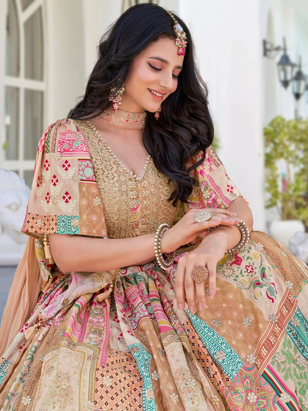 Beige Chinon Silk Zari Embroidered Lehenga Choli for Women