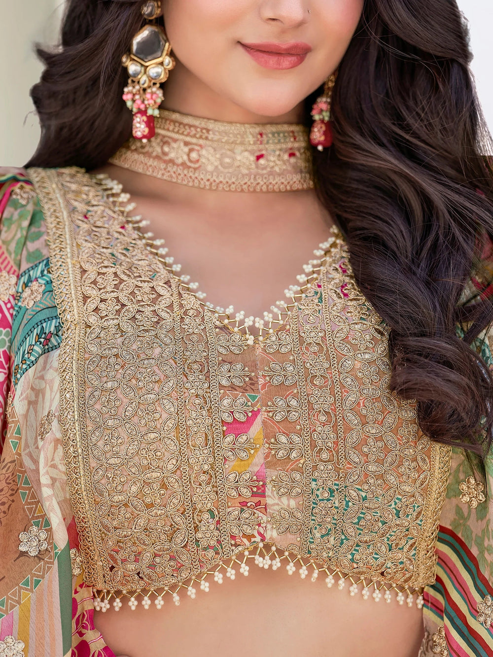 Beige Chinon Silk Zari Embroidered Lehenga Choli for Women