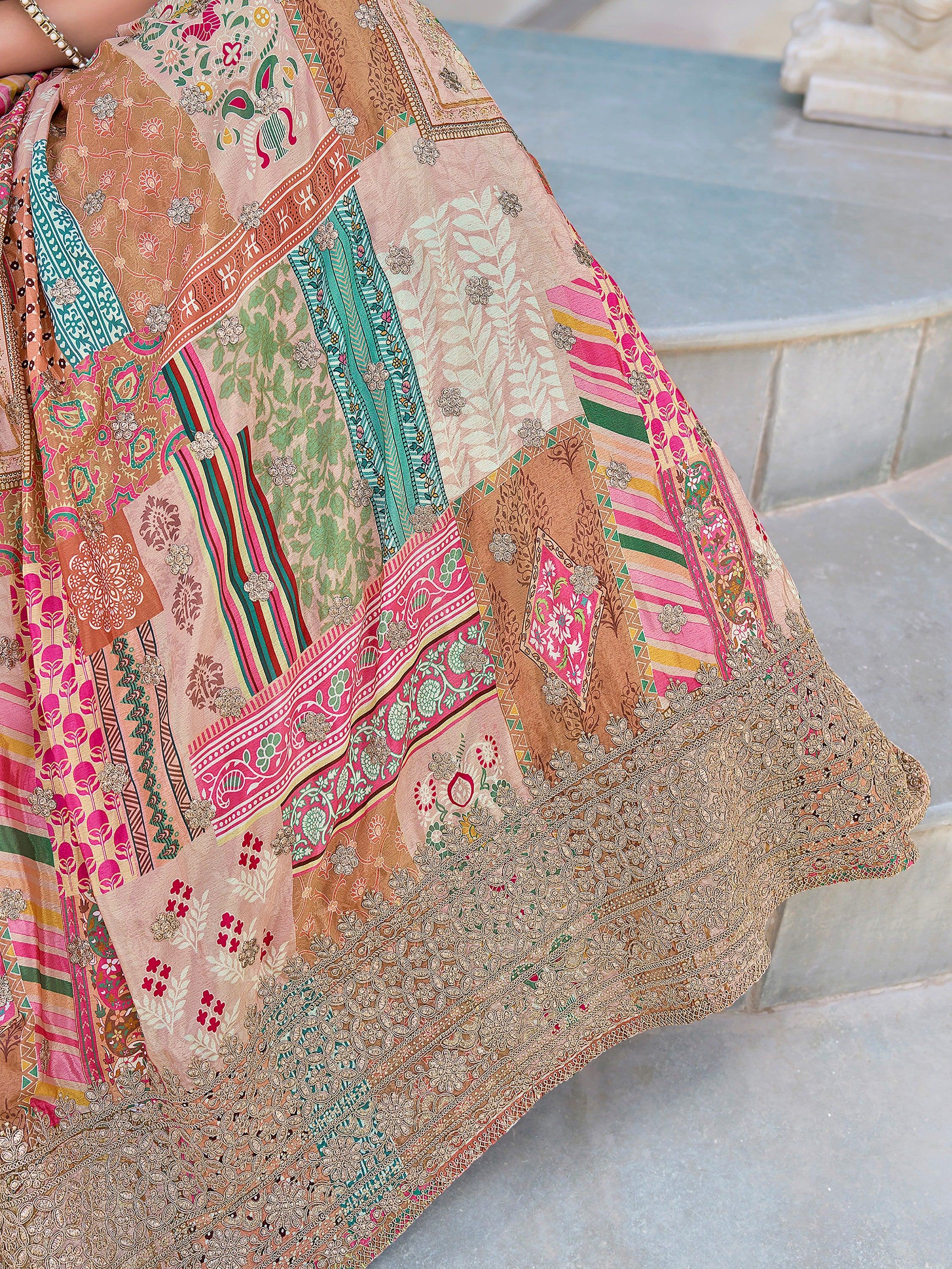 Beige Chinon Silk Zari Embroidered Lehenga Choli for Women