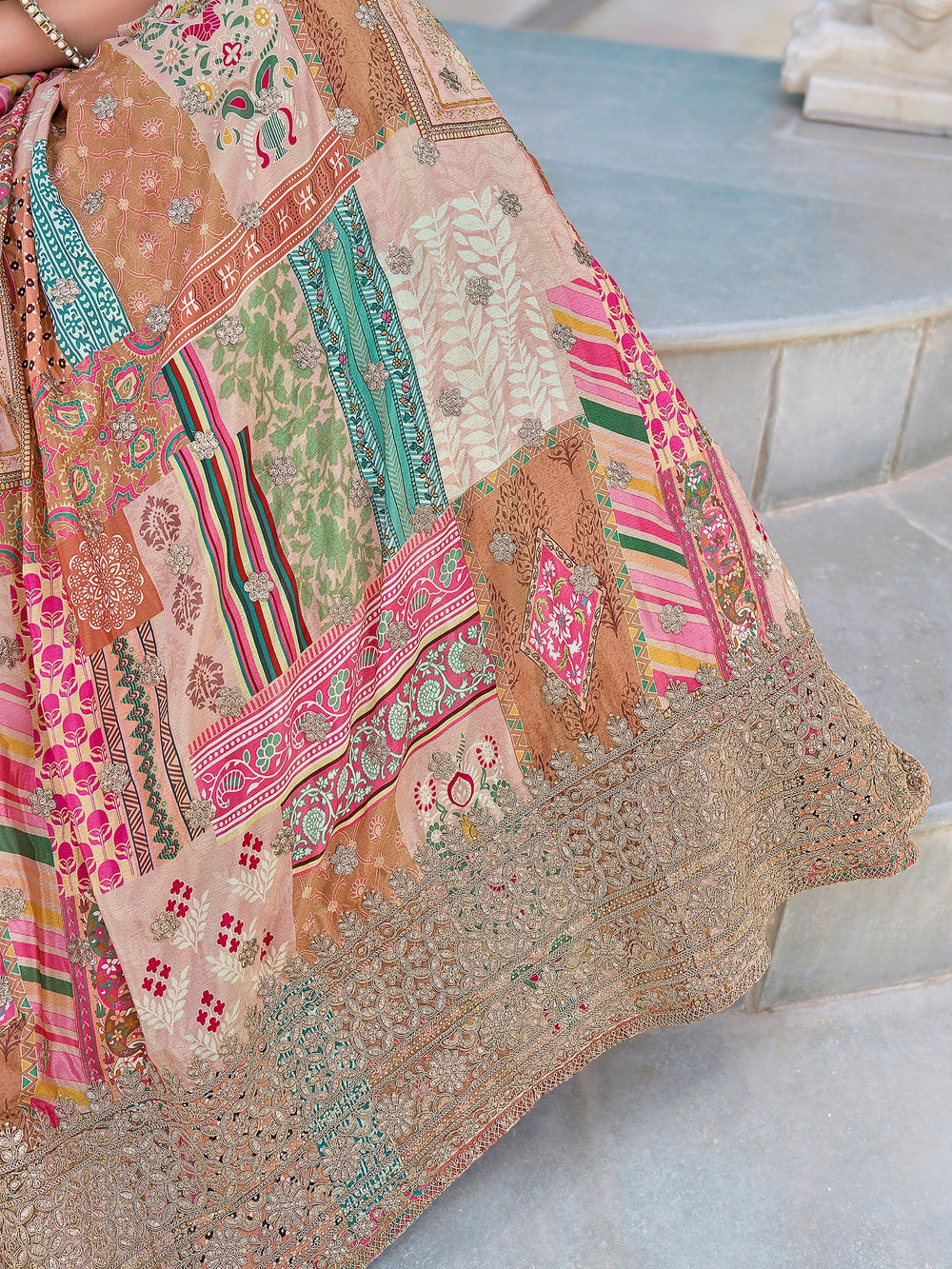 Beige Chinon Silk Zari Embroidered Lehenga Choli for Women