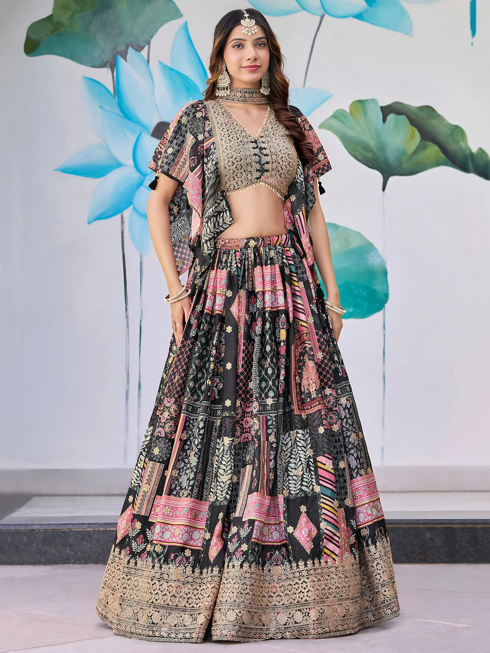 Black Chinon Silk Zari Embroidered Lehenga Choli for Women