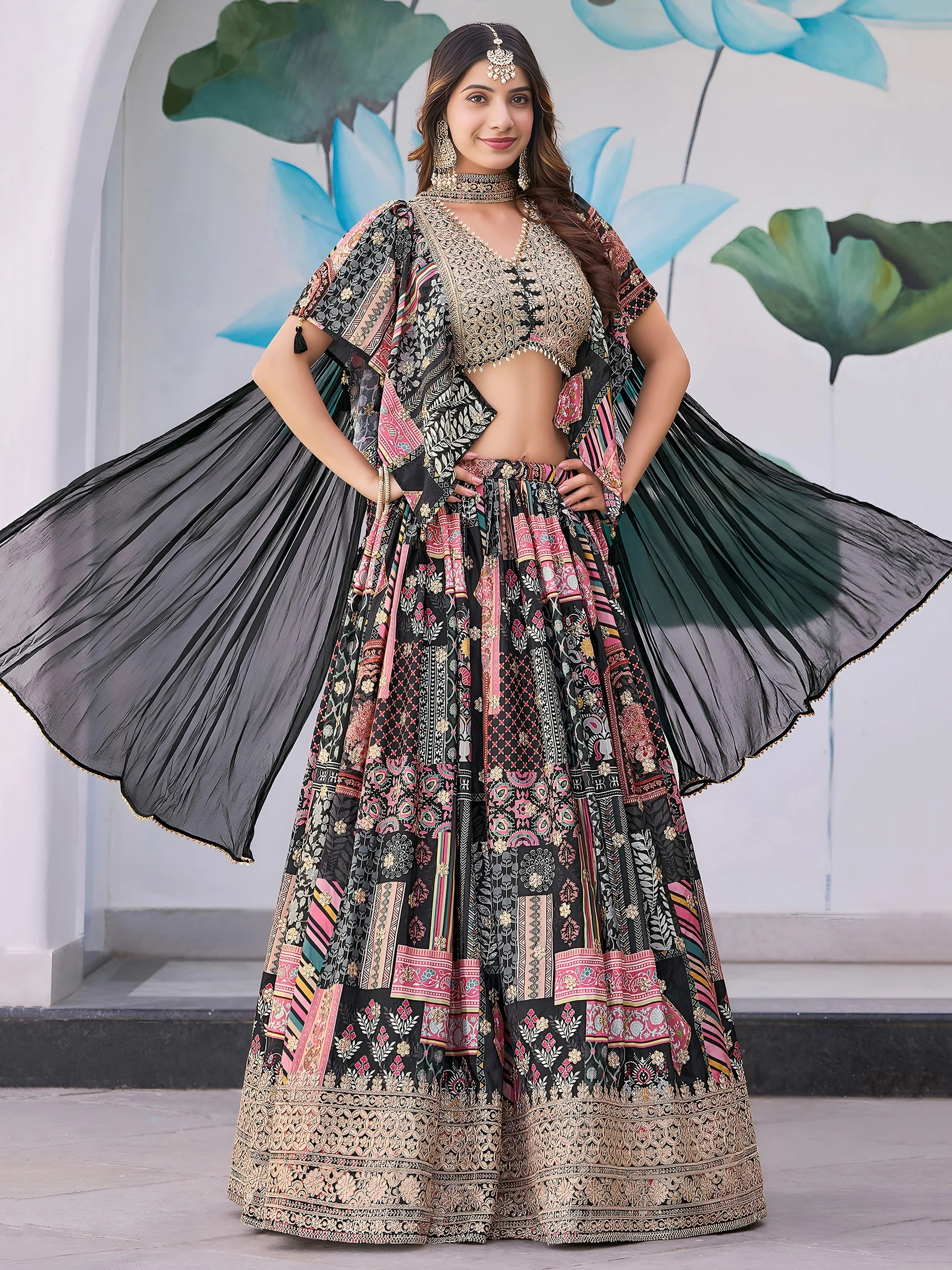 Black Chinon Silk Zari Embroidered Lehenga Choli for Women