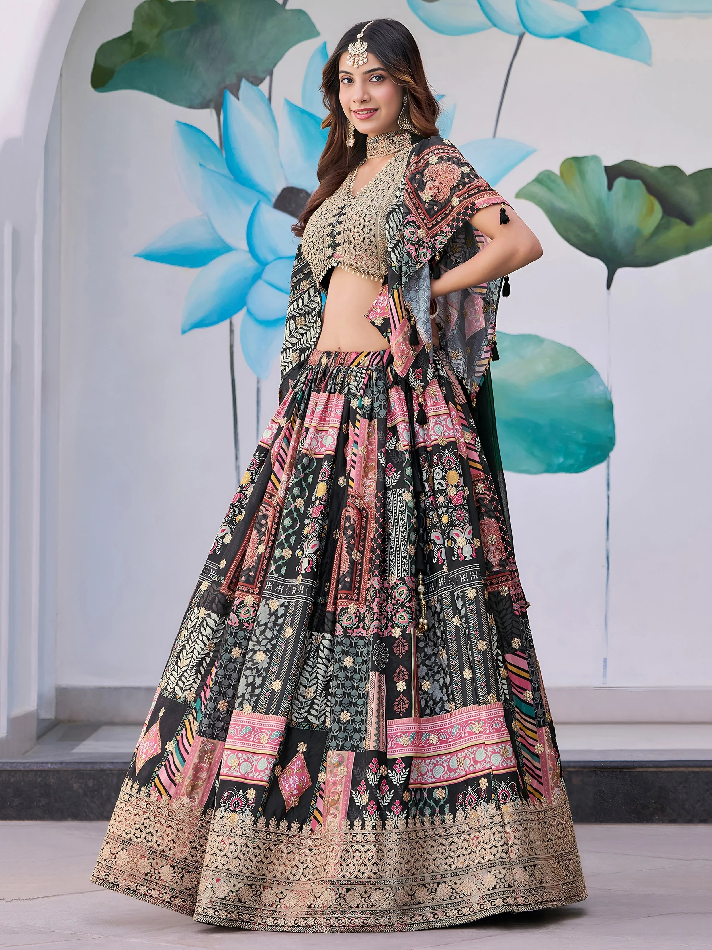 Black Chinon Silk Zari Embroidered Lehenga Choli for Women