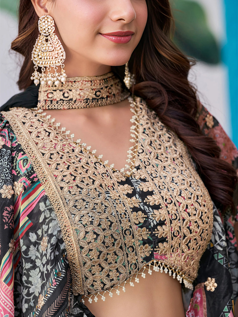Black Chinon Silk Zari Embroidered Lehenga Choli for Women