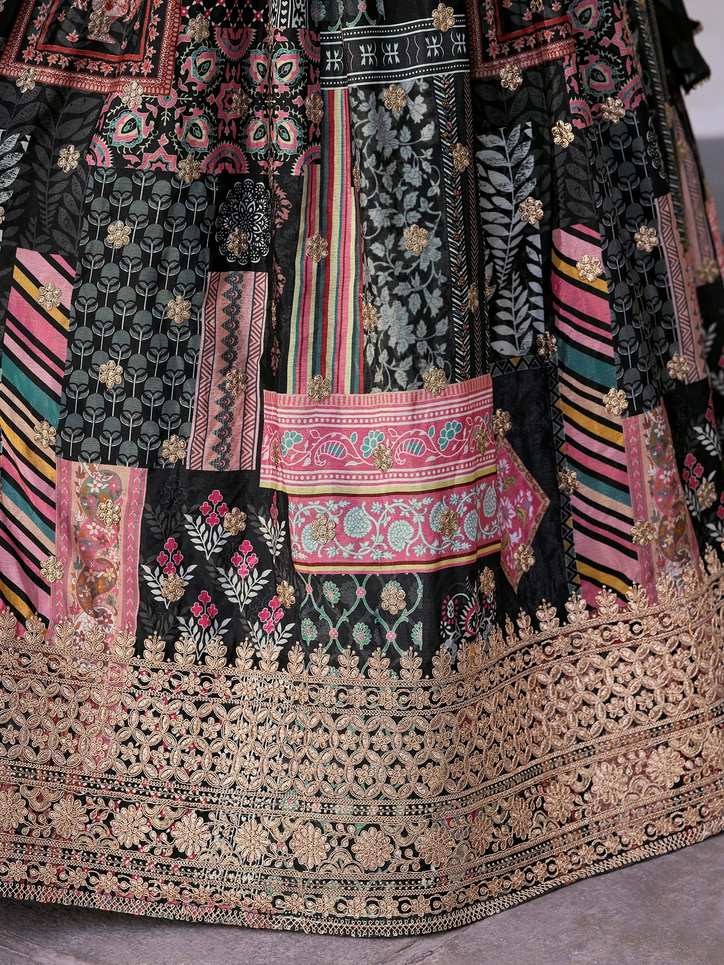 Black Chinon Silk Zari Embroidered Lehenga Choli for Women