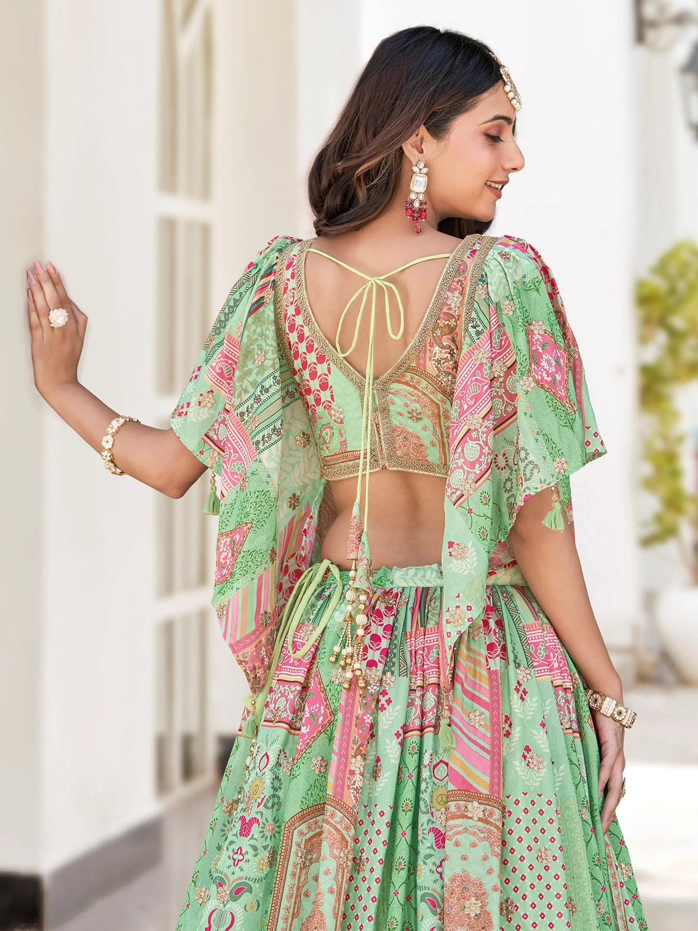 Green Chinon Silk Zari Embroidered Lehenga Choli for Women