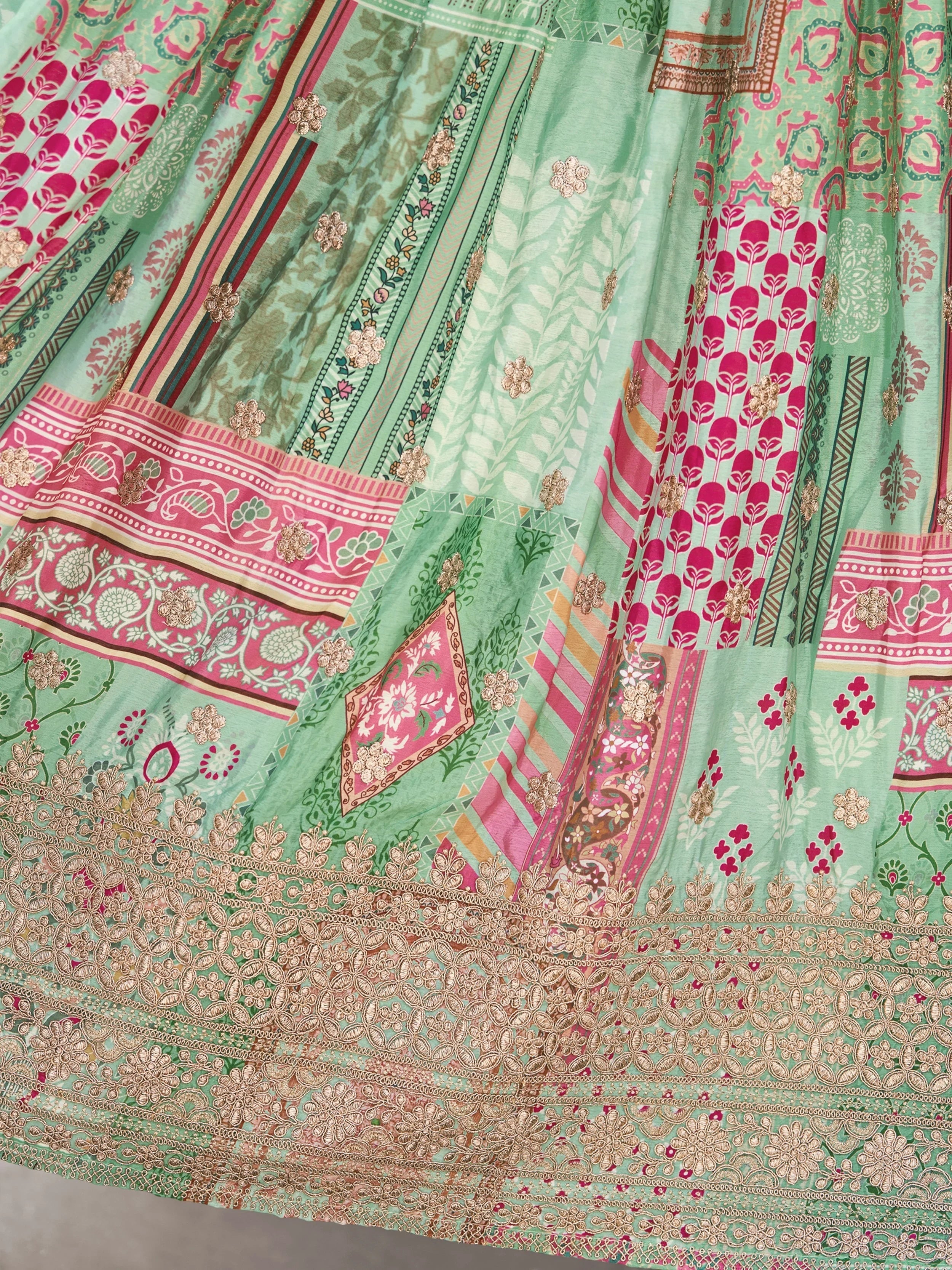 Green Chinon Silk Zari Embroidered Lehenga Choli for Women