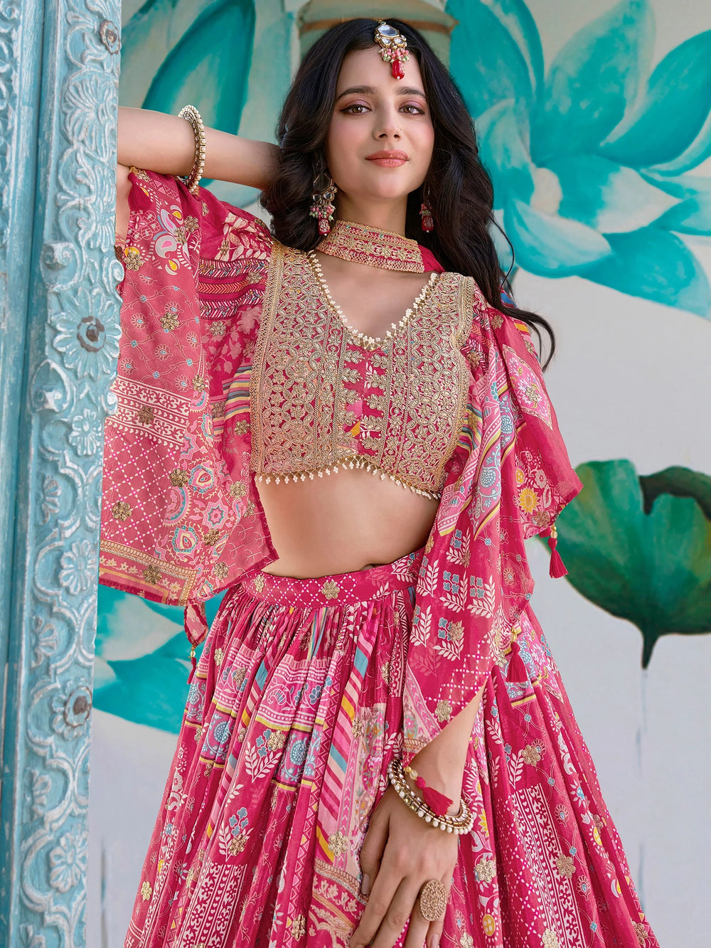 Pink Chinon Silk Zari Embroidered Lehenga Choli for Women
