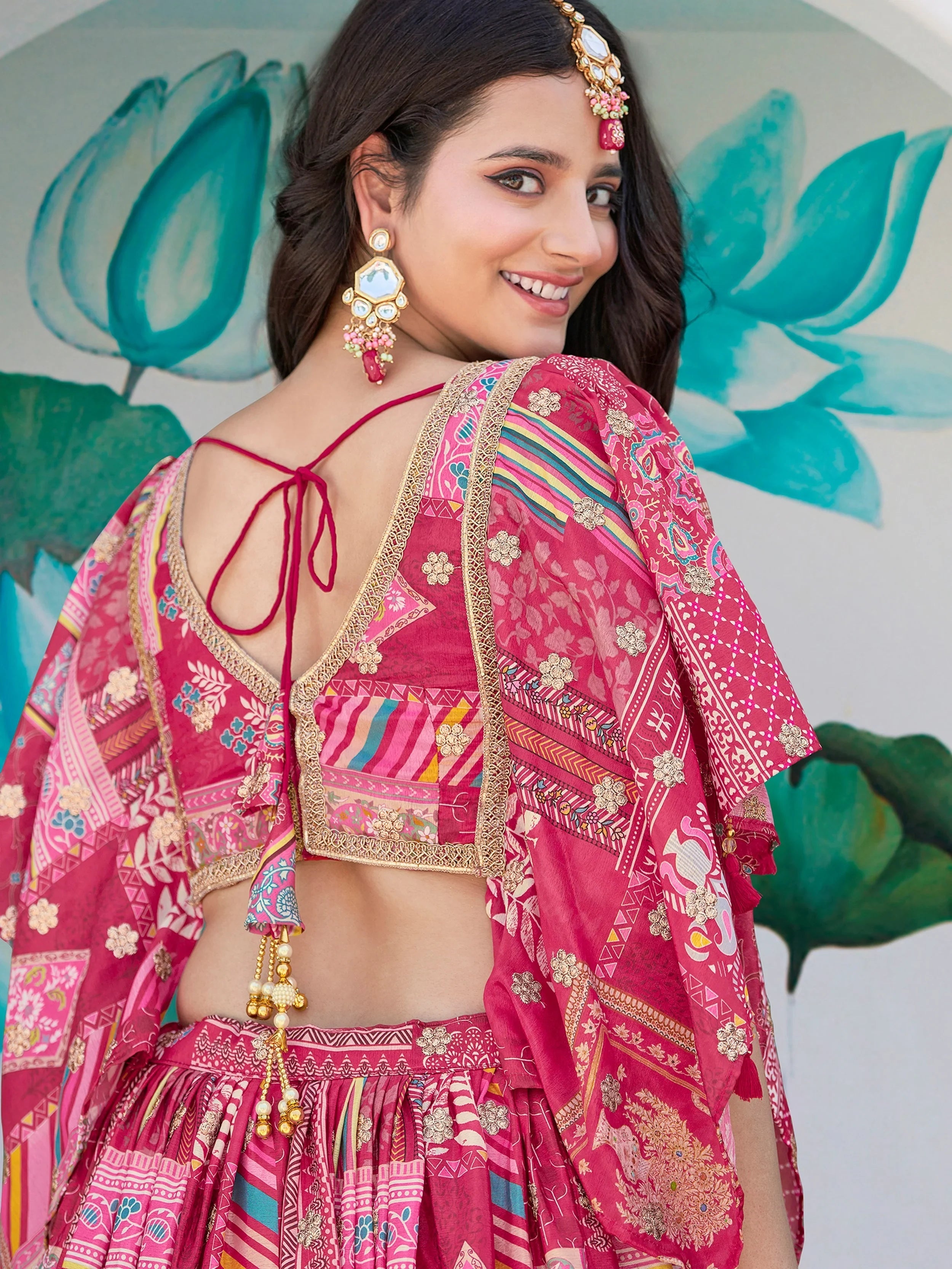 Pink Chinon Silk Zari Embroidered Lehenga Choli for Women