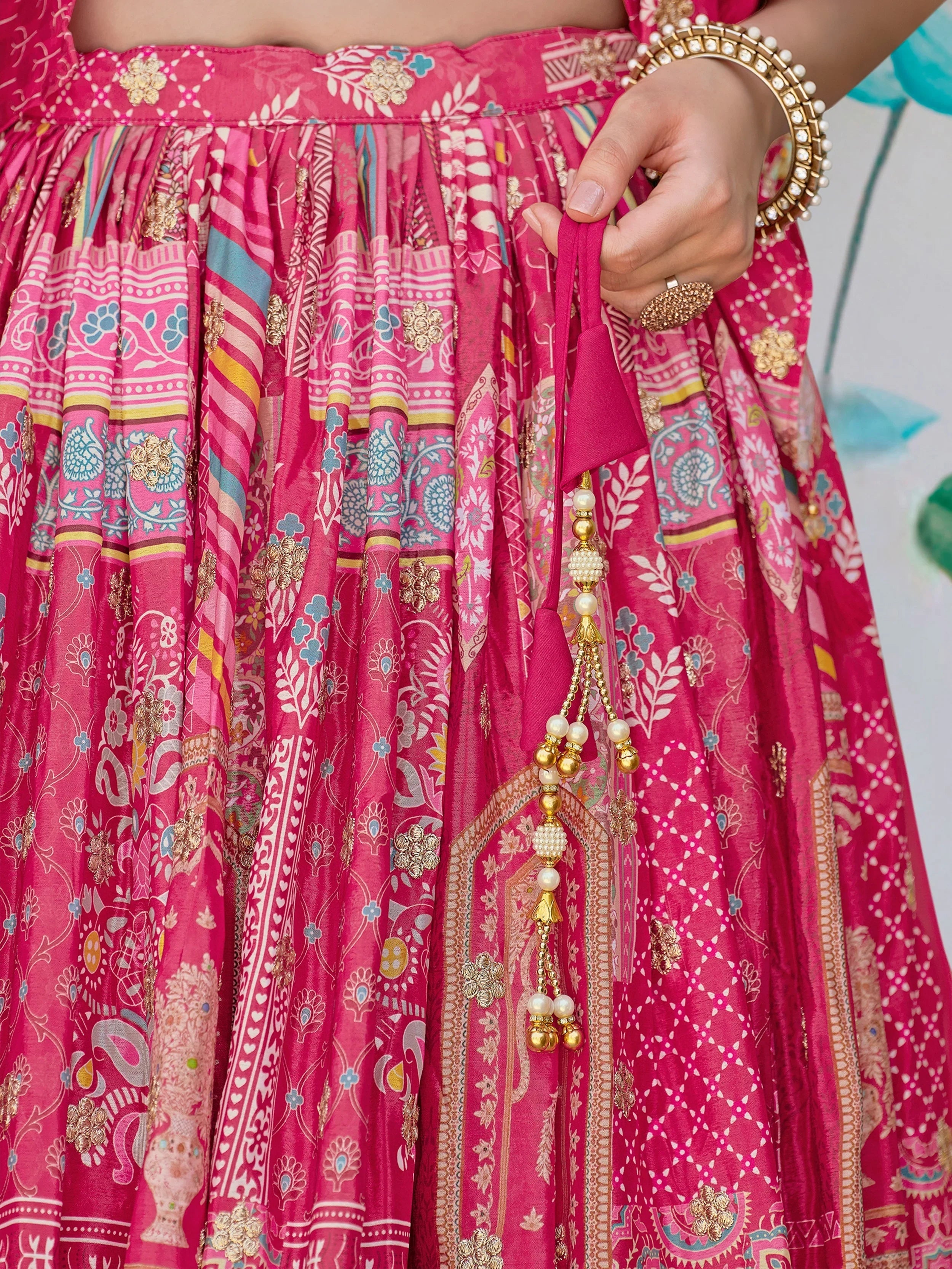 Pink Chinon Silk Zari Embroidered Lehenga Choli for Women