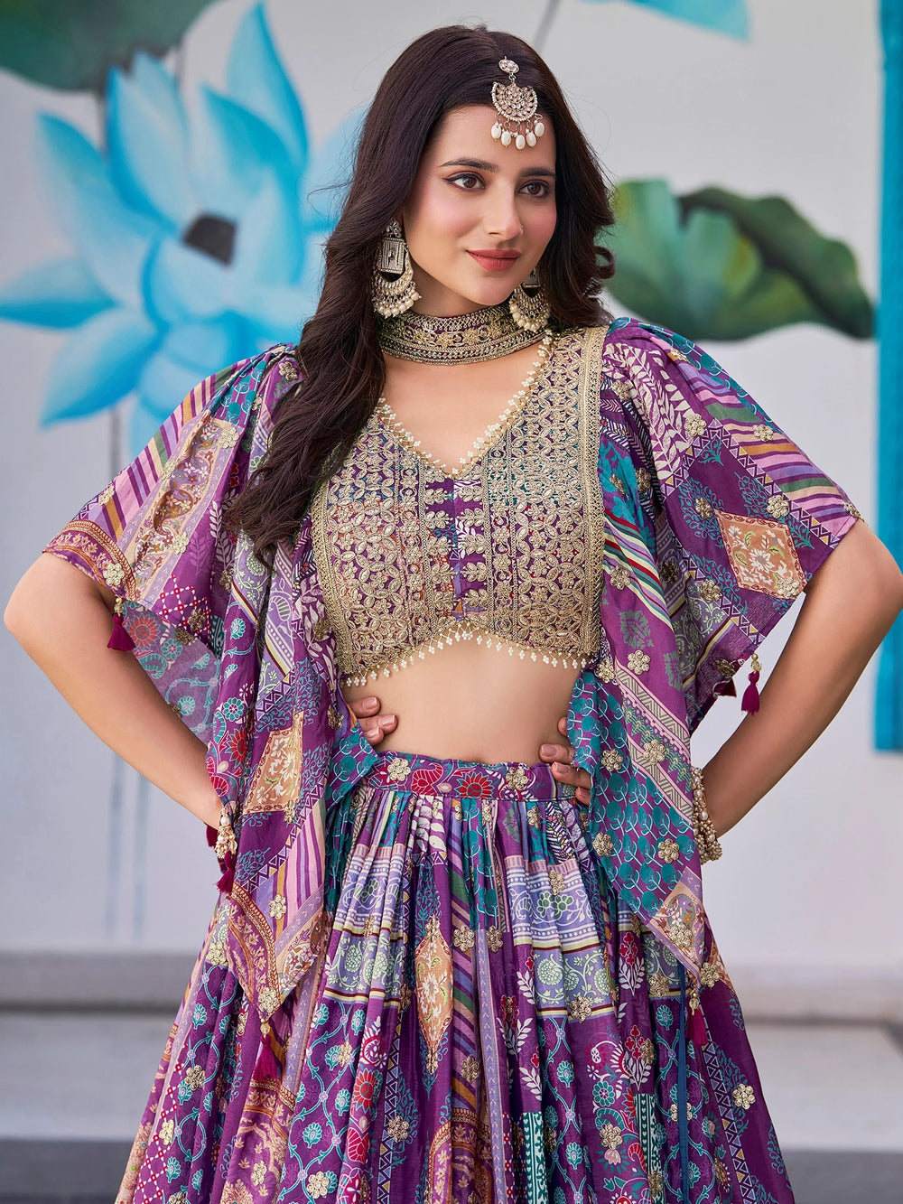 Purple Chinon Silk Zari Embroidered Lehenga Choli for Women