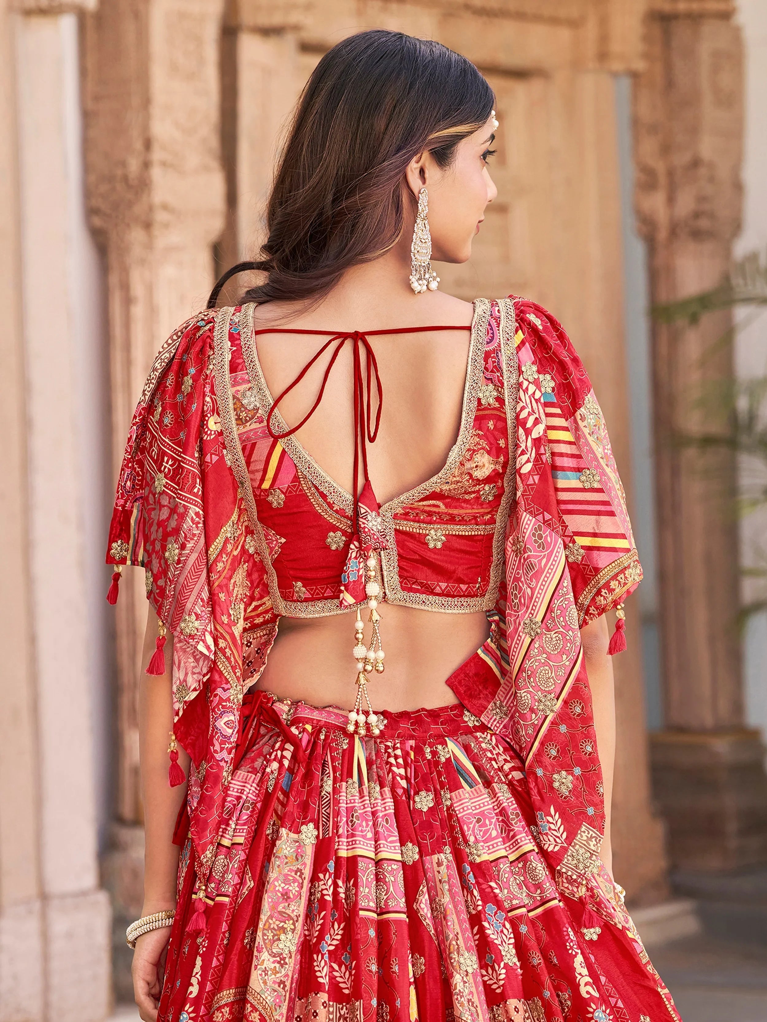 Red Chinon Silk Zari Embroidered Lehenga Choli for Women