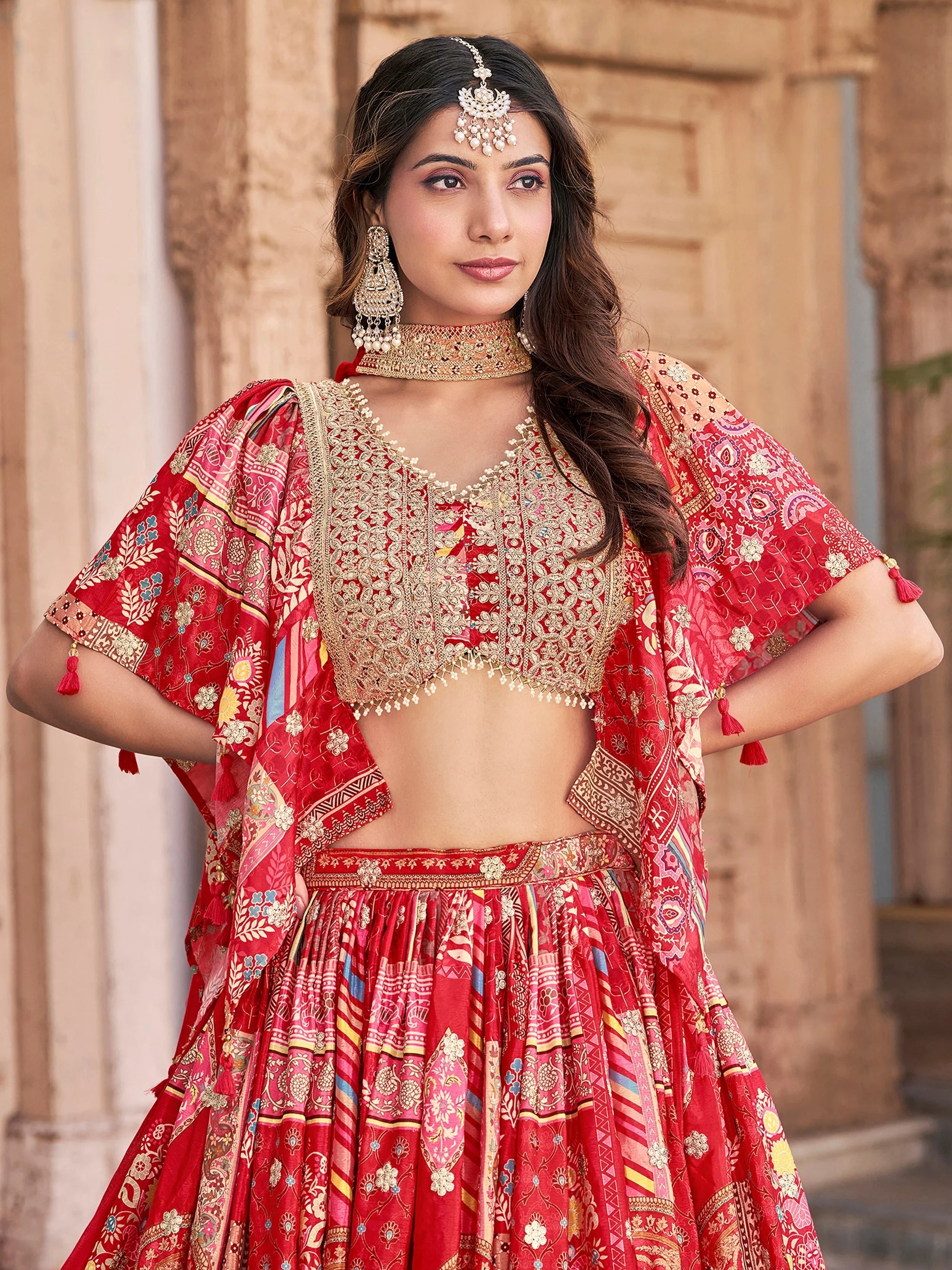 Red Chinon Silk Zari Embroidered Lehenga Choli for Women