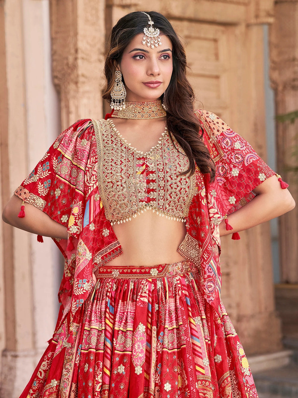Red Chinon Silk Zari Embroidered Lehenga Choli for Women