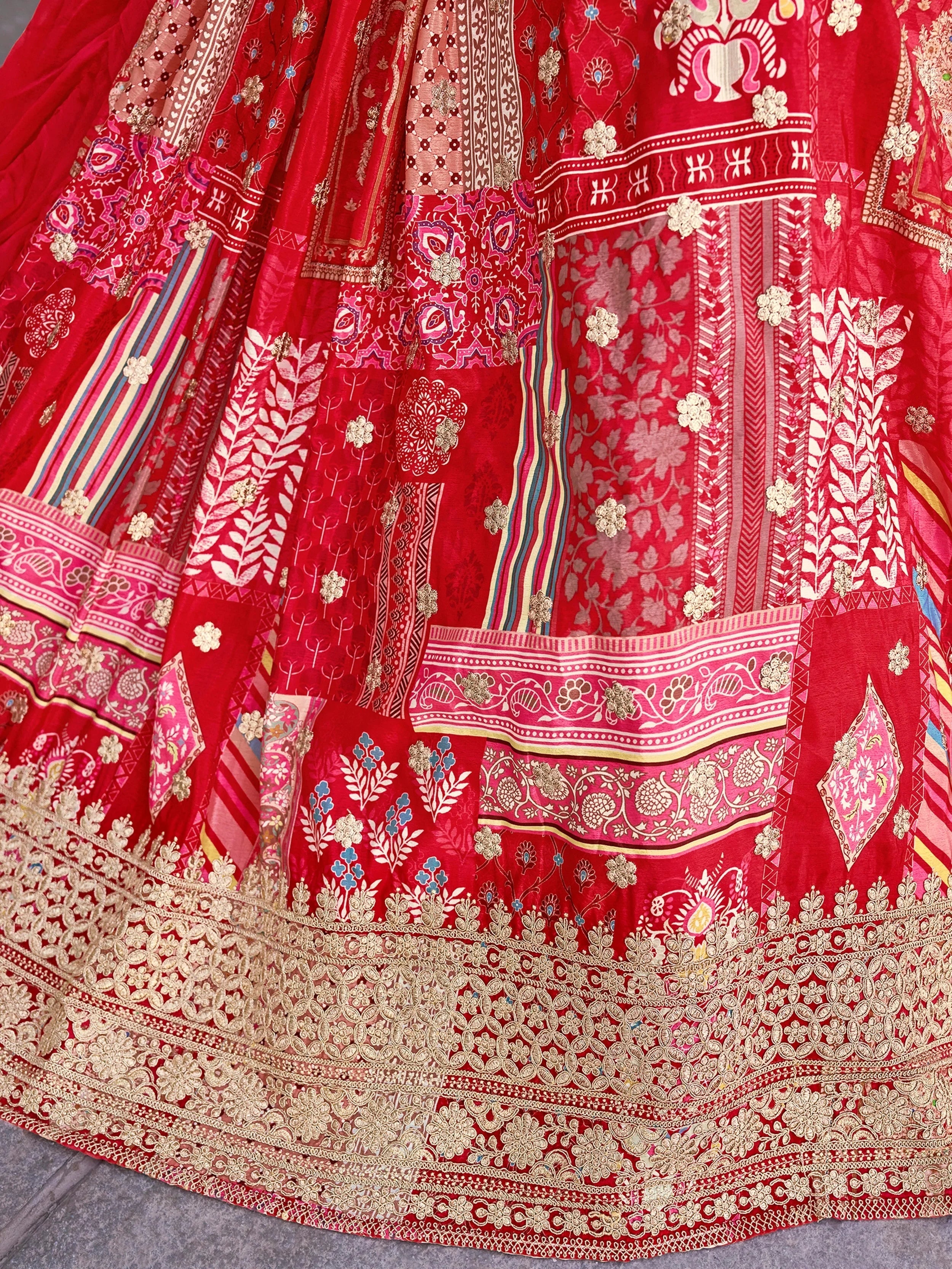 Red Chinon Silk Zari Embroidered Lehenga Choli for Women