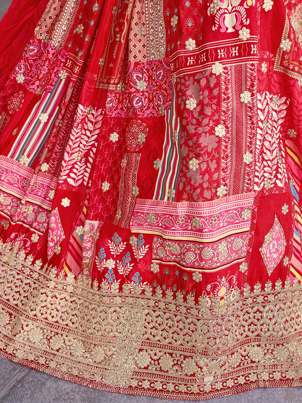 Red Chinon Silk Zari Embroidered Lehenga Choli for Women