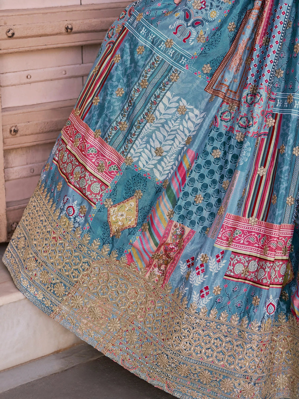 Sky Blue Chinon Silk Zari Embroidered Lehenga Choli for Women