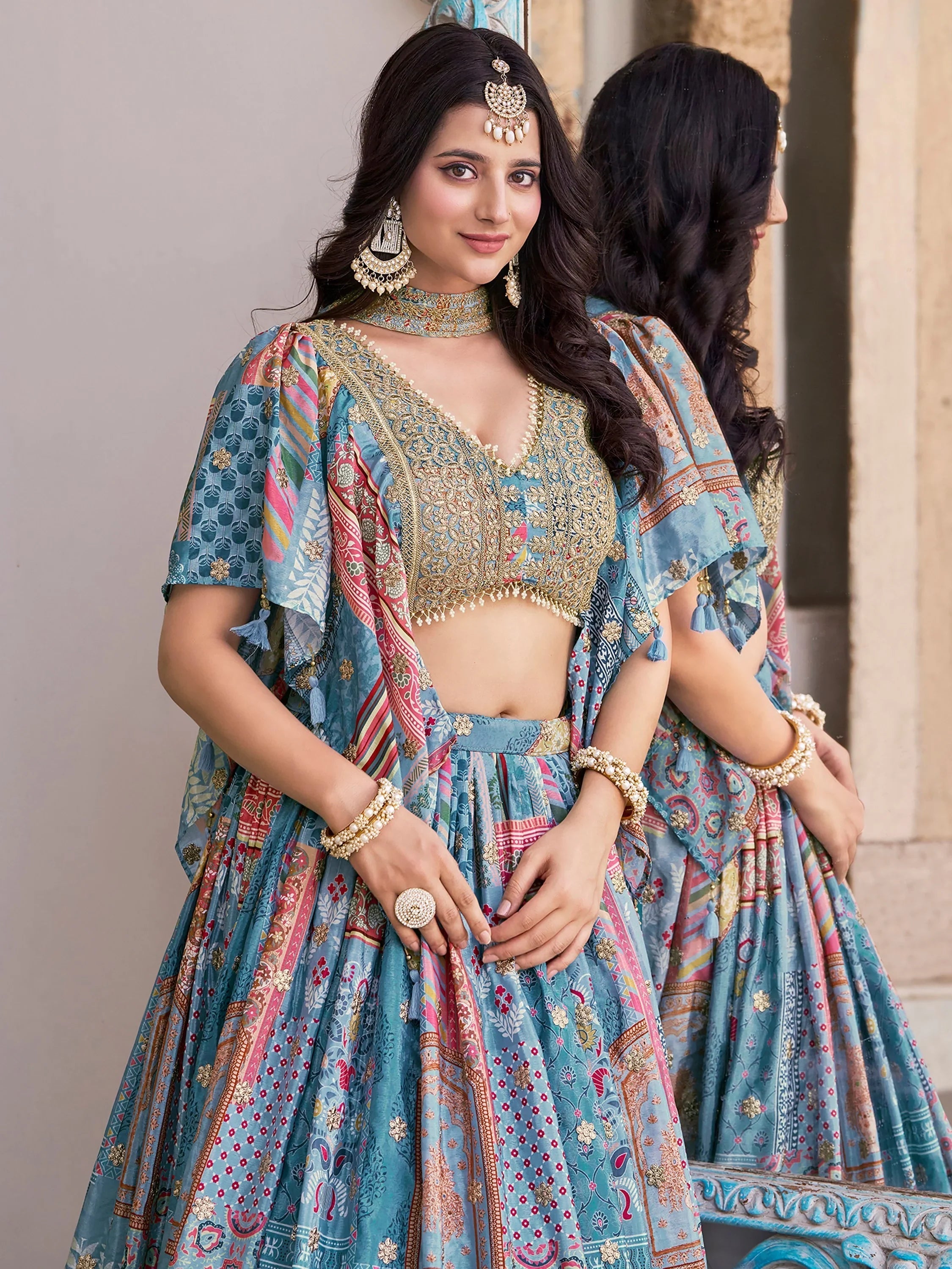 Sky Blue Chinon Silk Zari Embroidered Lehenga Choli for Women
