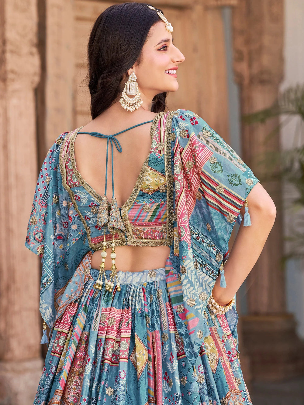 Sky Blue Chinon Silk Zari Embroidered Lehenga Choli for Women