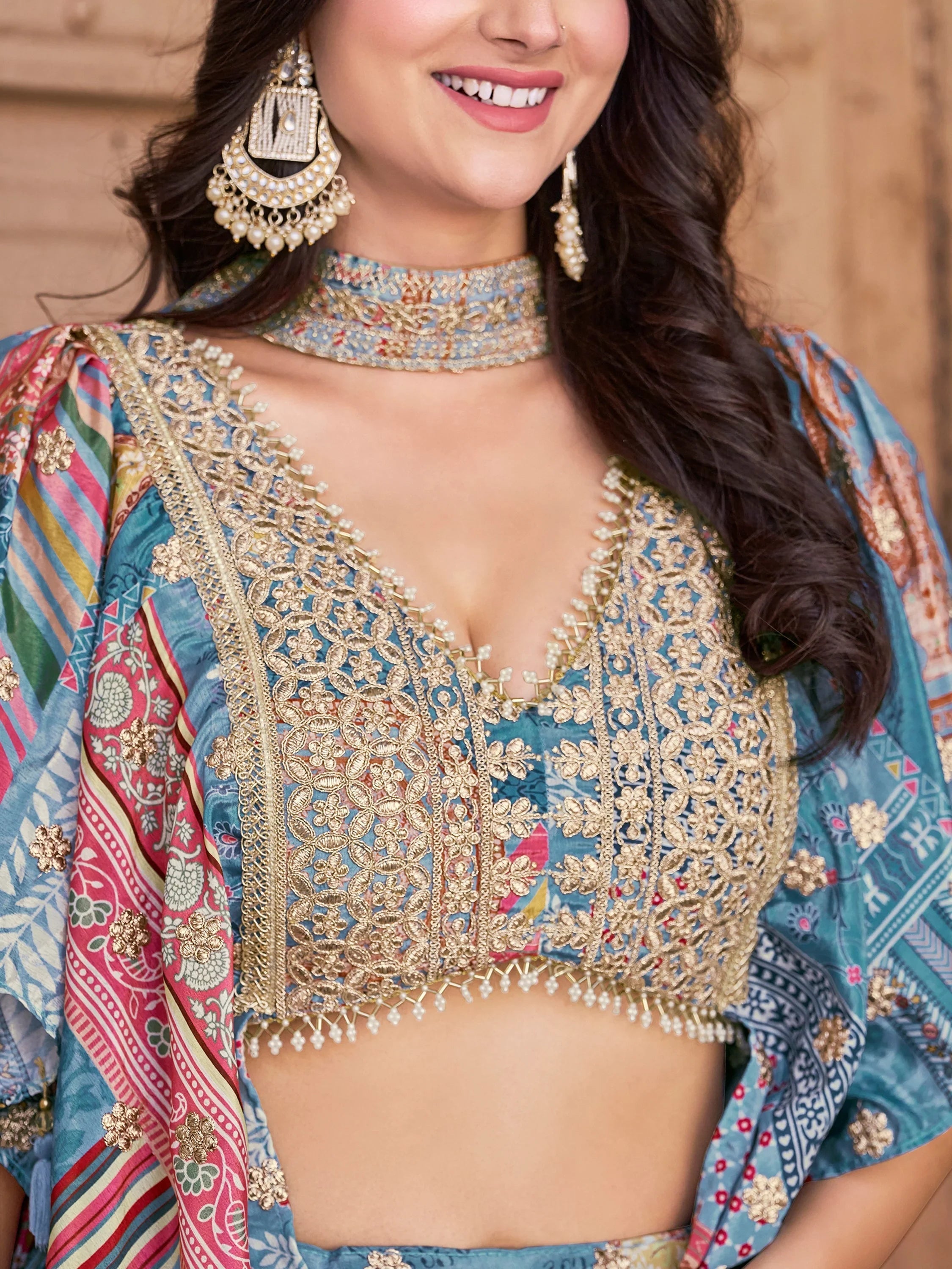 Sky Blue Chinon Silk Zari Embroidered Lehenga Choli for Women