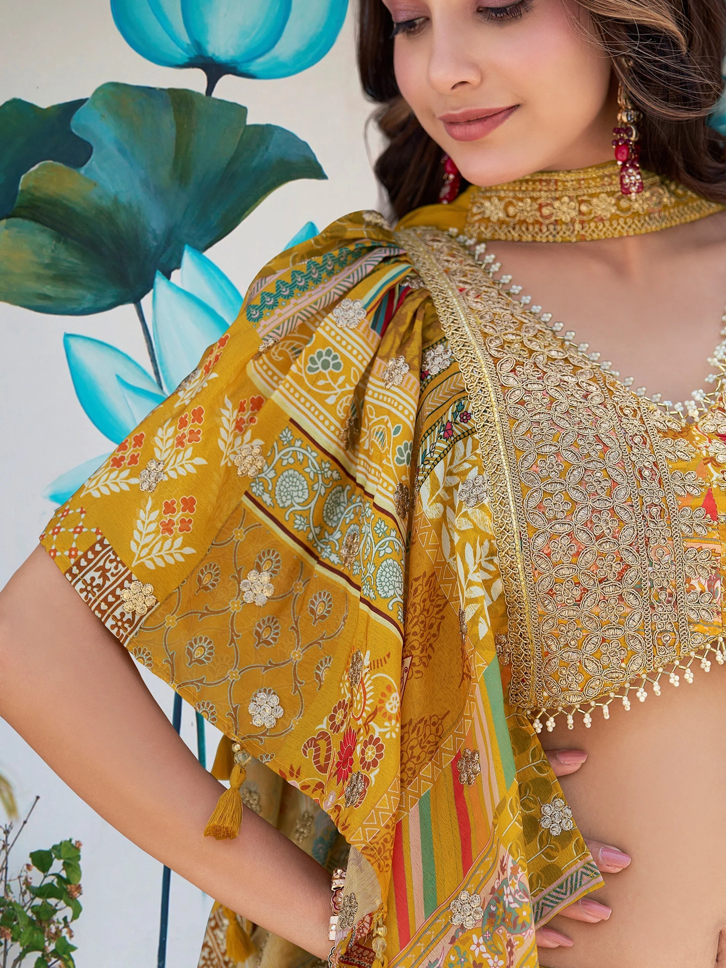 Yellow Chinon Silk Zari Embroidered Lehenga Choli for Women