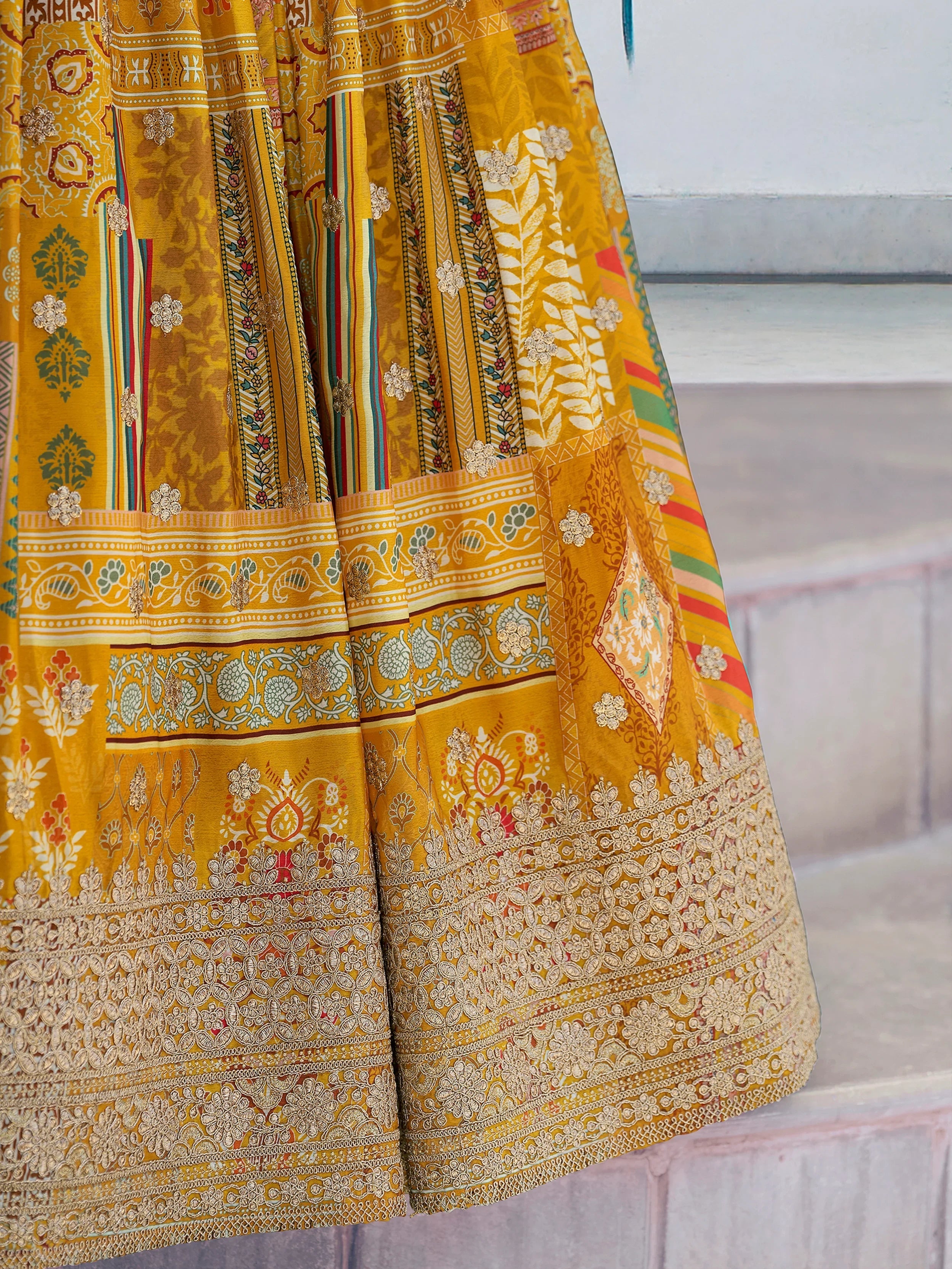 Yellow Chinon Silk Zari Embroidered Lehenga Choli for Women