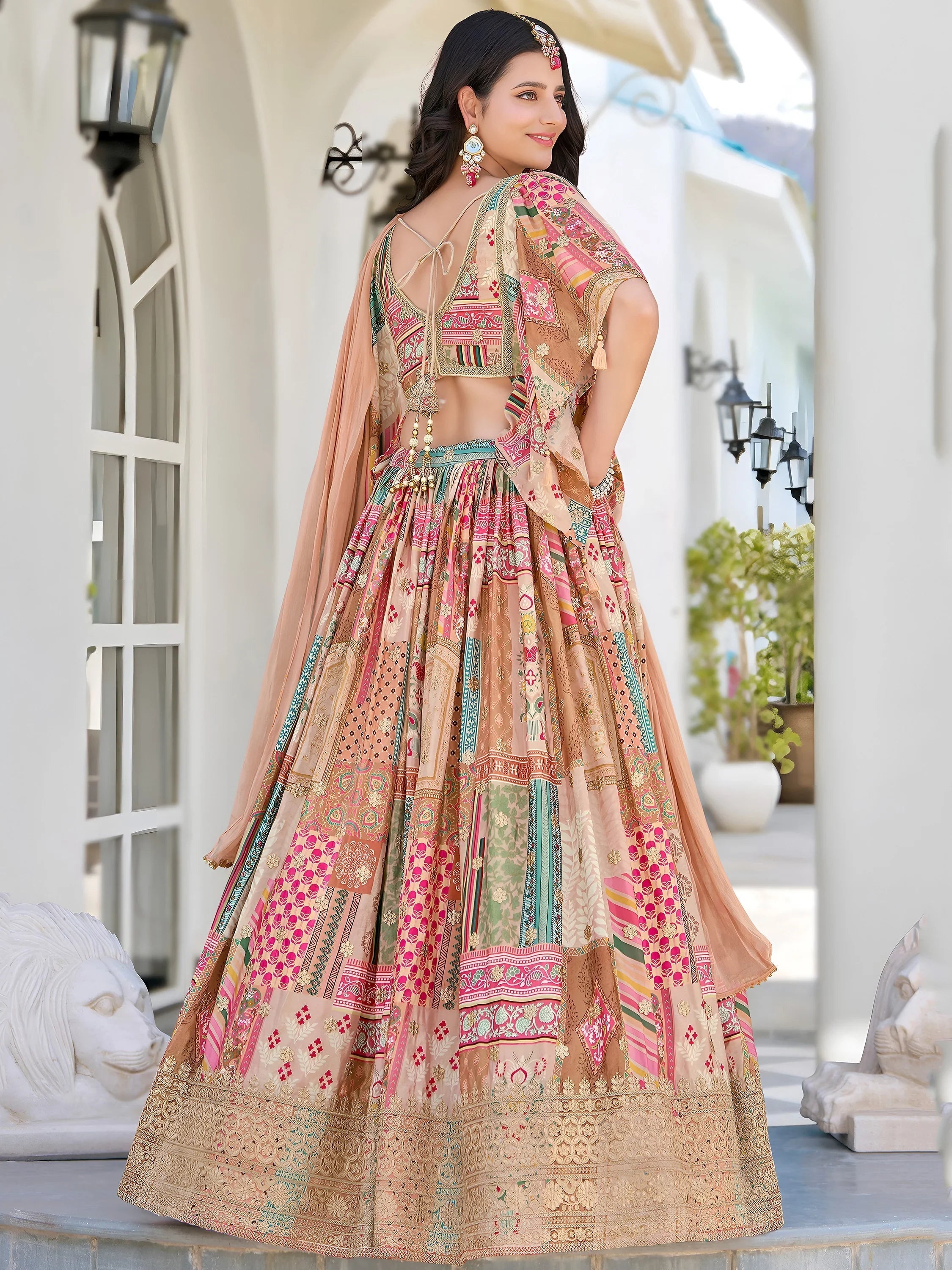 Beige Chinon Silk Zari Embroidered Lehenga Choli for Women