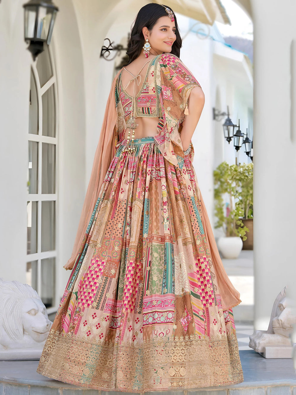 Beige Chinon Silk Zari Embroidered Lehenga Choli for Women