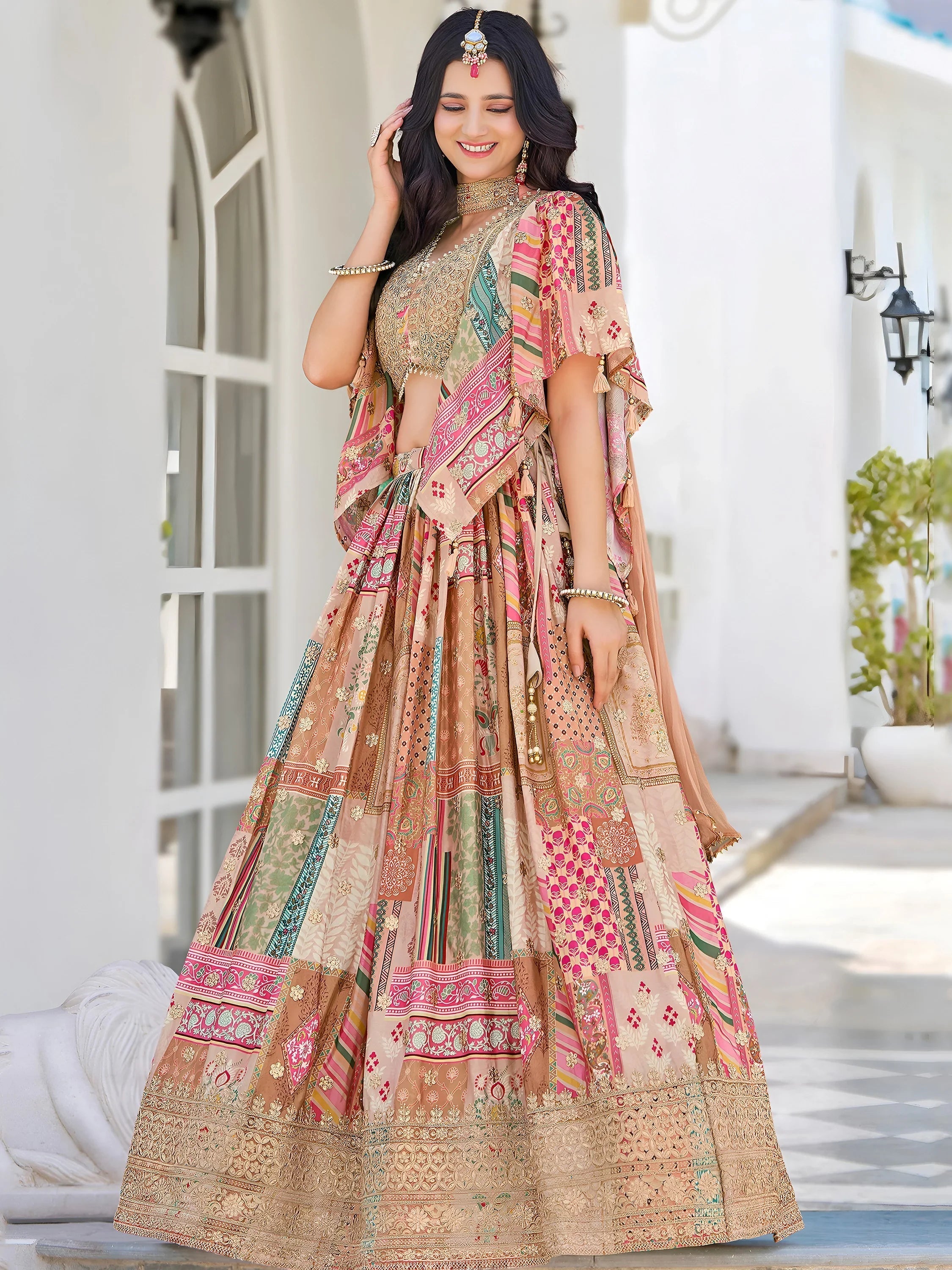 Beige Chinon Silk Zari Embroidered Lehenga Choli for Women