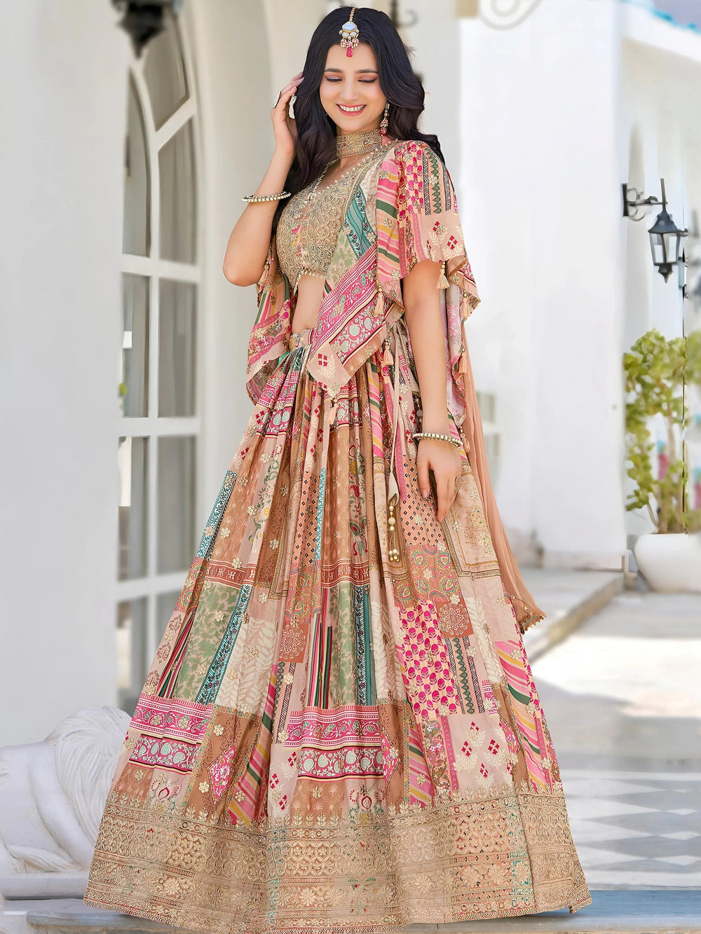 Beige Chinon Silk Zari Embroidered Lehenga Choli for Women