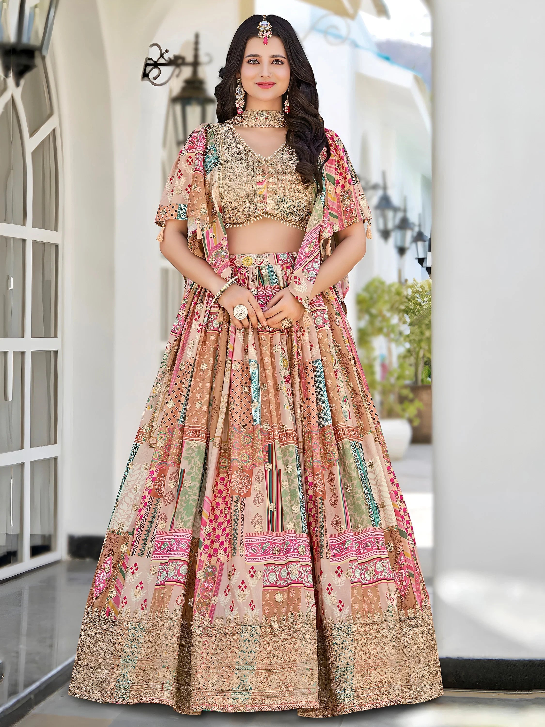 Beige Chinon Silk Zari Embroidered Lehenga Choli for Women