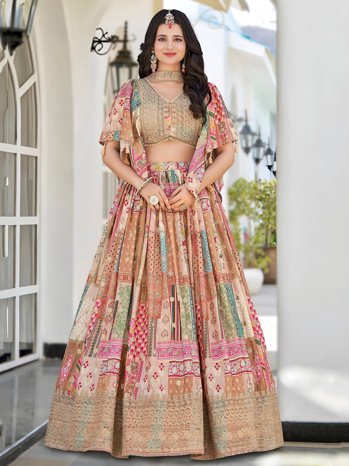 Beige Chinon Silk Zari Embroidered Lehenga Choli for Women