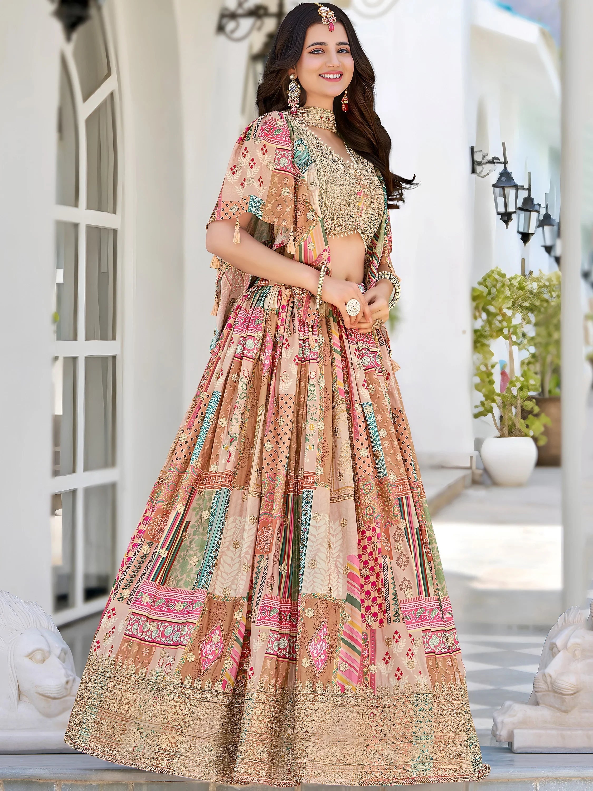 Beige Chinon Silk Zari Embroidered Lehenga Choli for Women