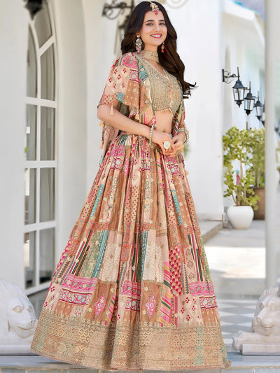 Beige Chinon Silk Zari Embroidered Lehenga Choli for Women