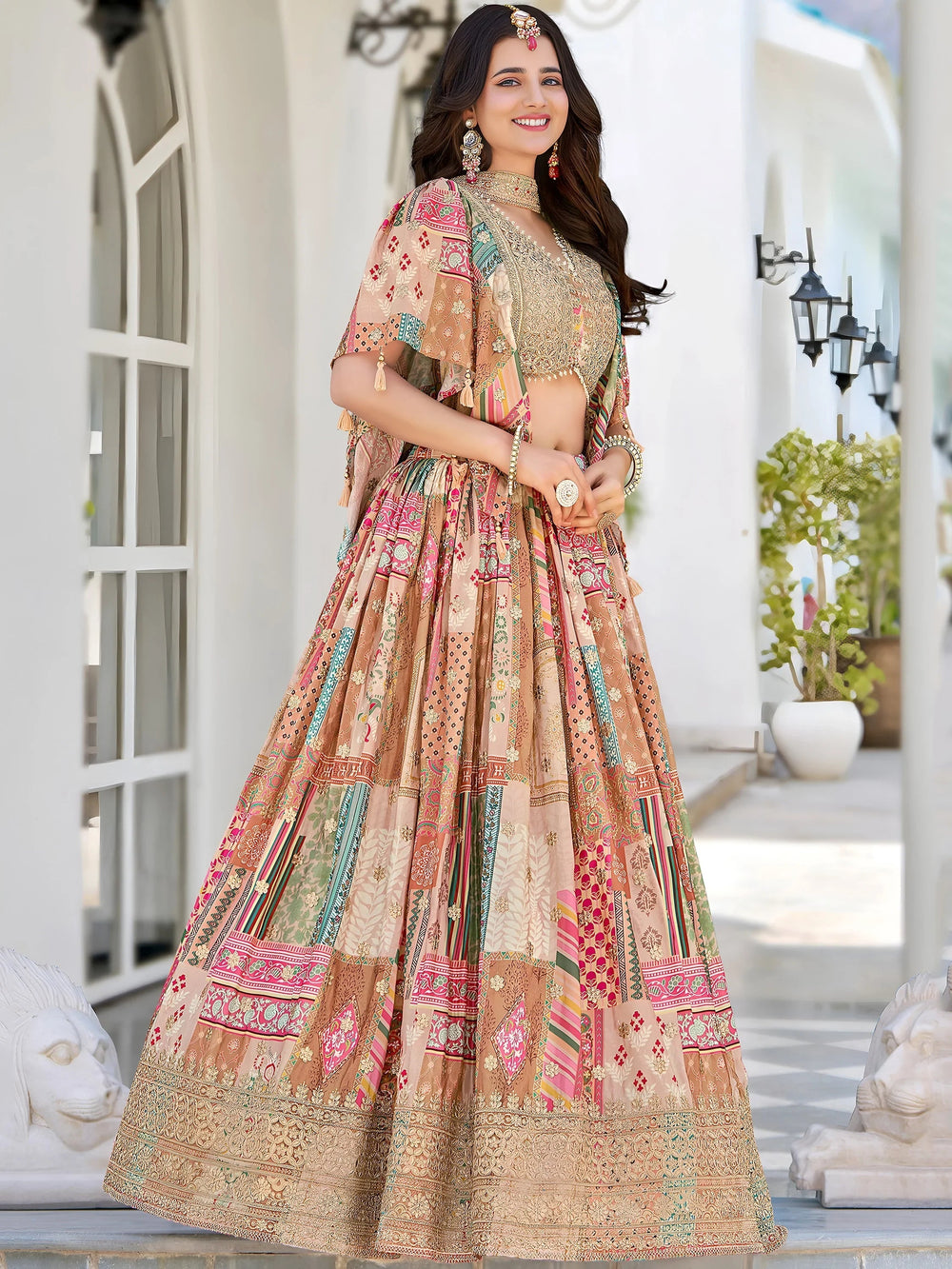 Beige Chinon Silk Zari Embroidered Lehenga Choli for Women