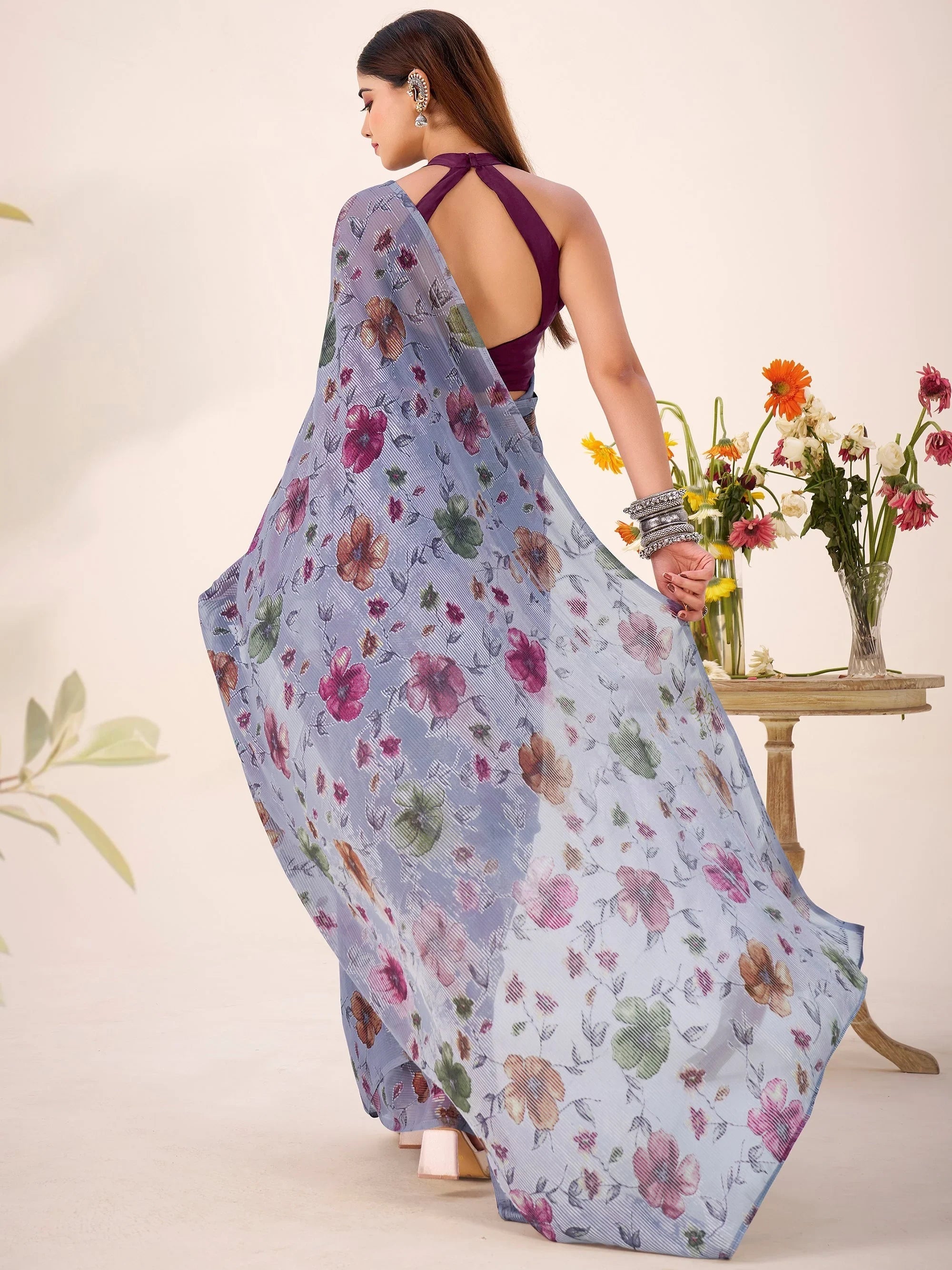 Grey Georgette Floral Printed Casual Wear Saree With Blouse