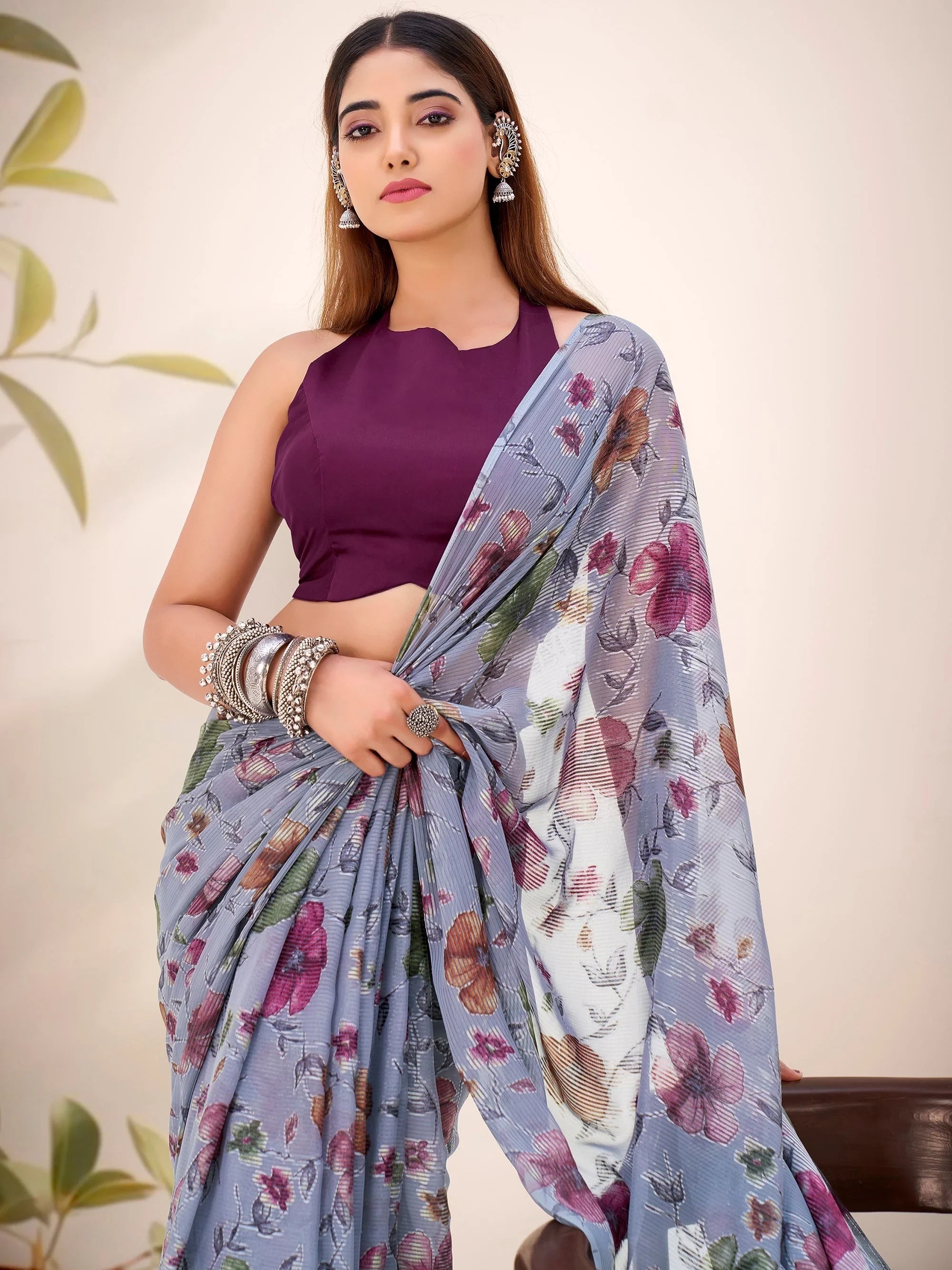 Grey Georgette Floral Printed Casual Wear Saree With Blouse