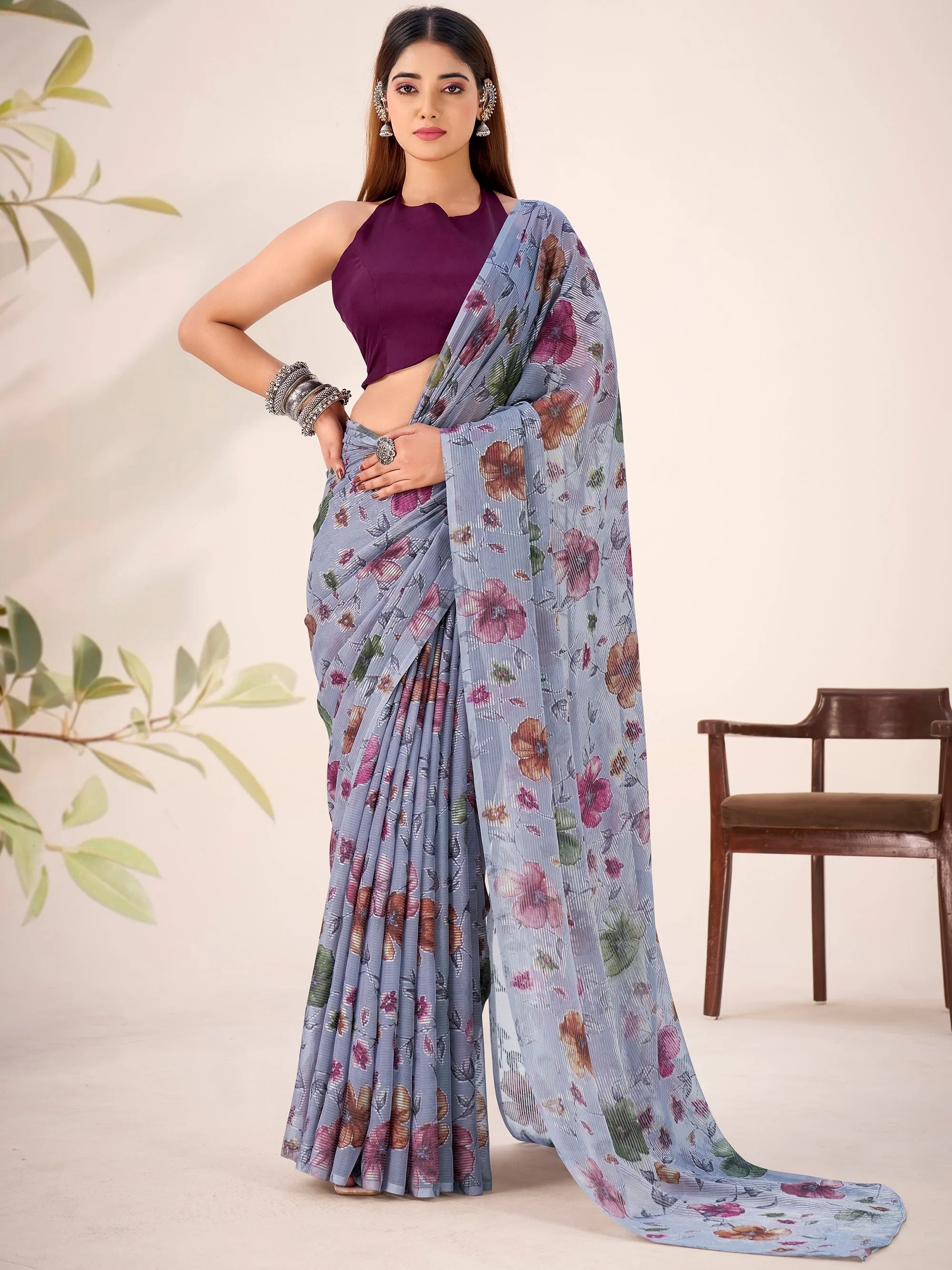 Grey Georgette Floral Printed Casual Wear Saree With Blouse