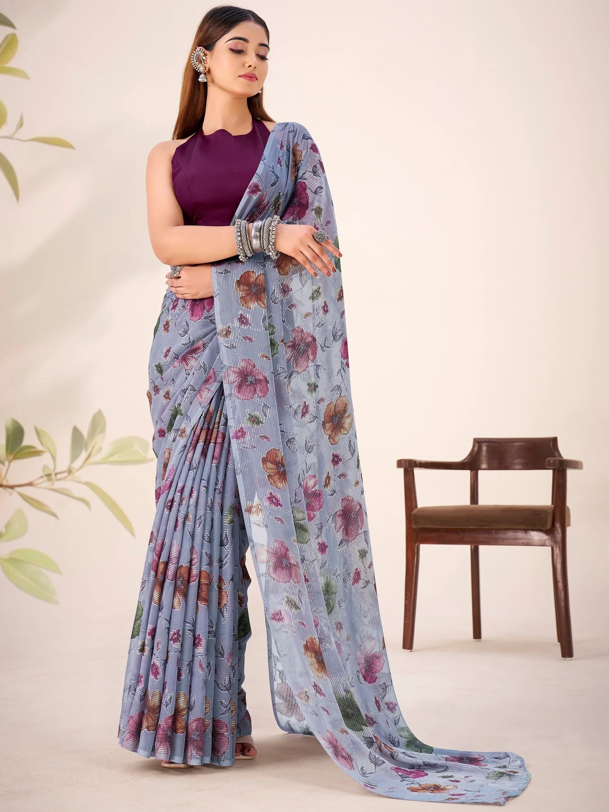 Grey Georgette Floral Printed Casual Wear Saree With Blouse