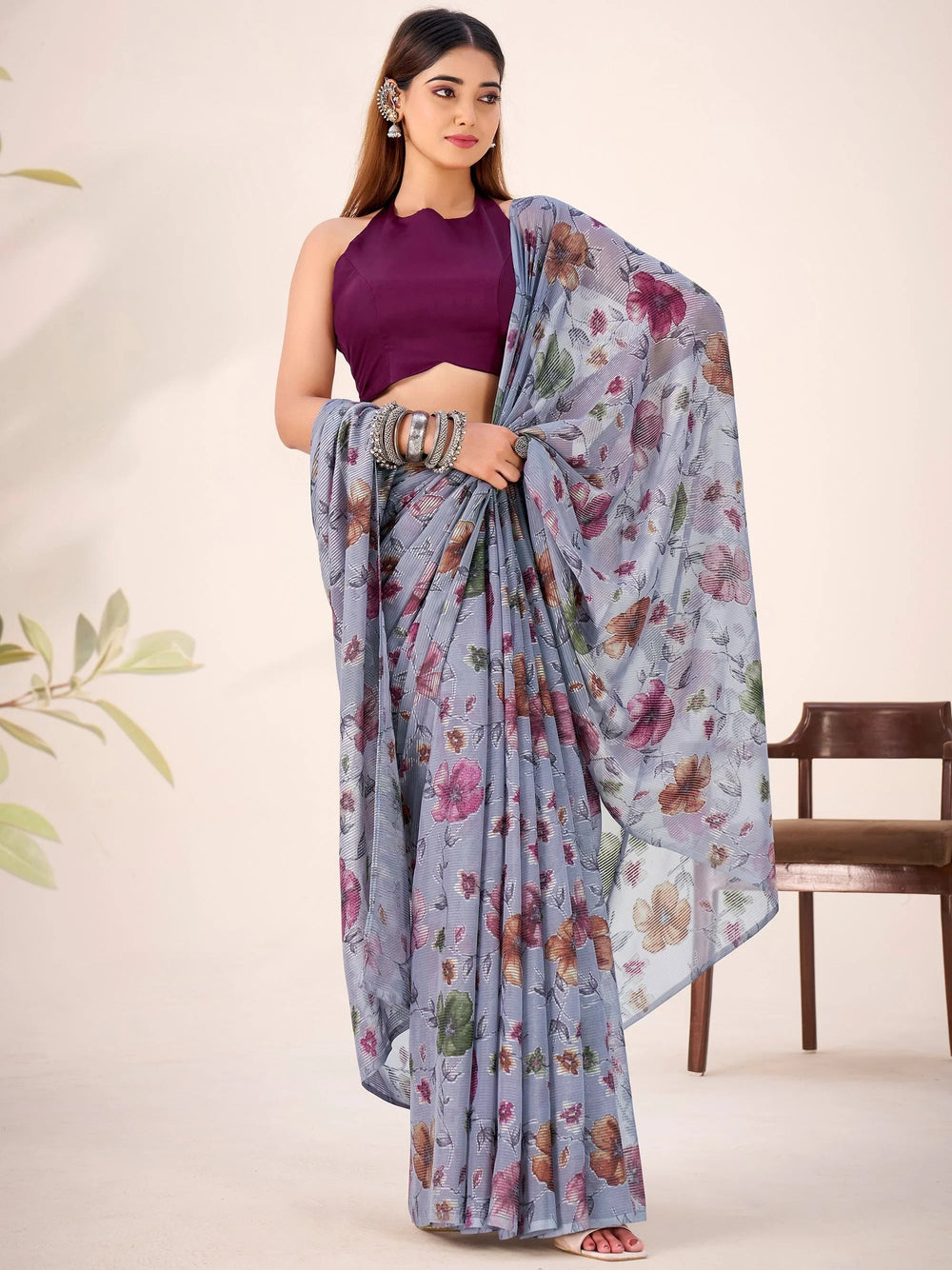 Grey Georgette Floral Printed Casual Wear Saree With Blouse