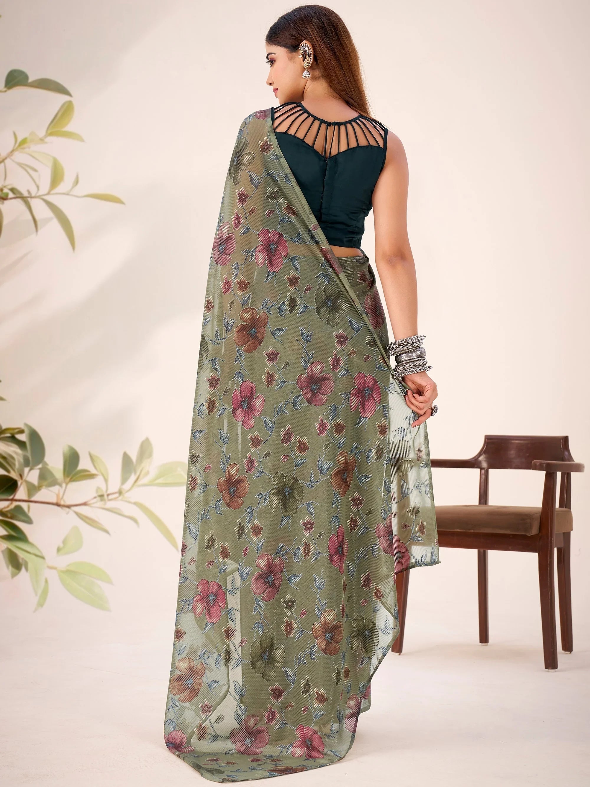 Green Georgette Floral Printed Casual Wear Saree With Blouse