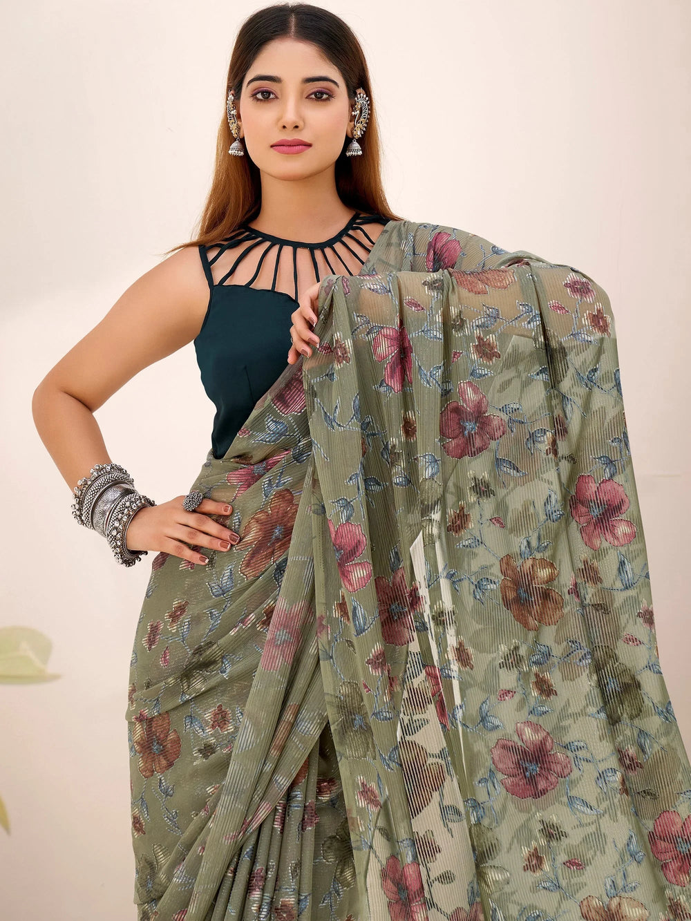 Green Georgette Floral Printed Casual Wear Saree With Blouse