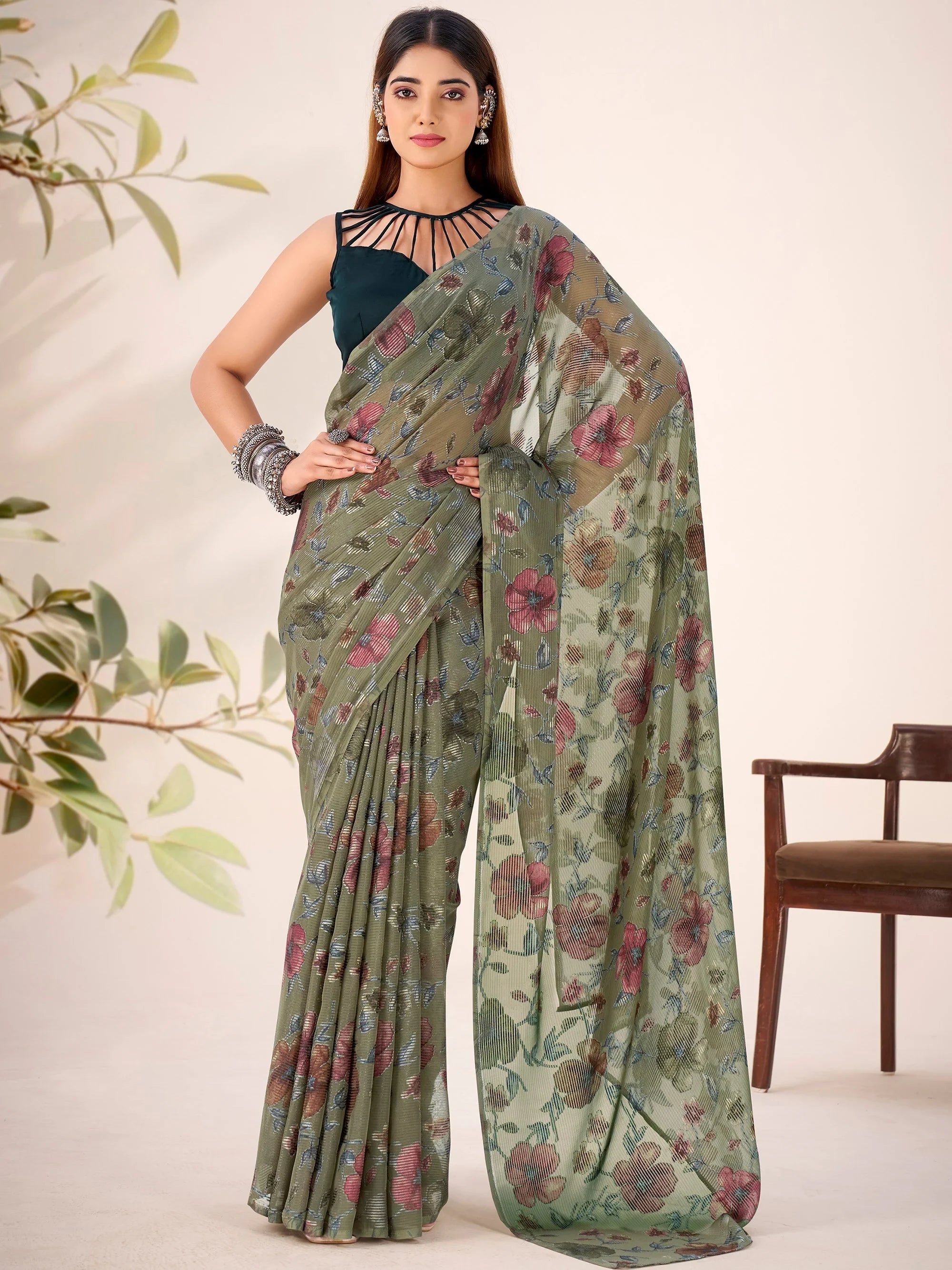 Green Georgette Floral Printed Casual Wear Saree With Blouse