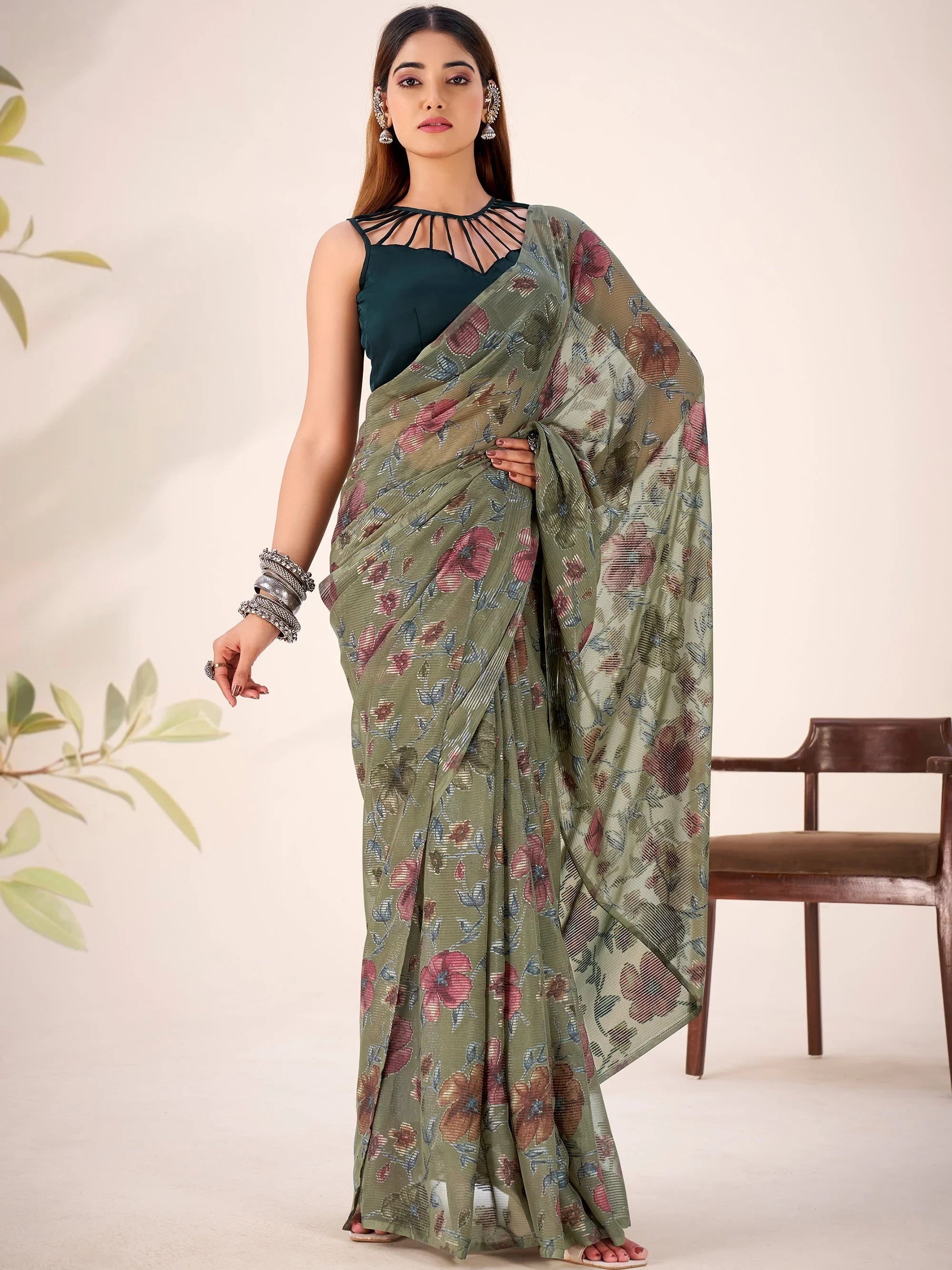 Green Georgette Floral Printed Casual Wear Saree With Blouse