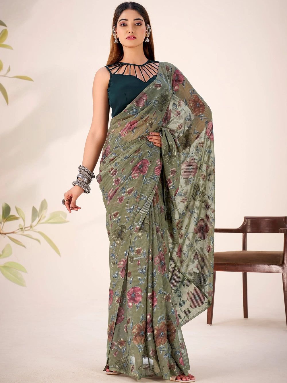 Green Georgette Floral Printed Casual Wear Saree With Blouse